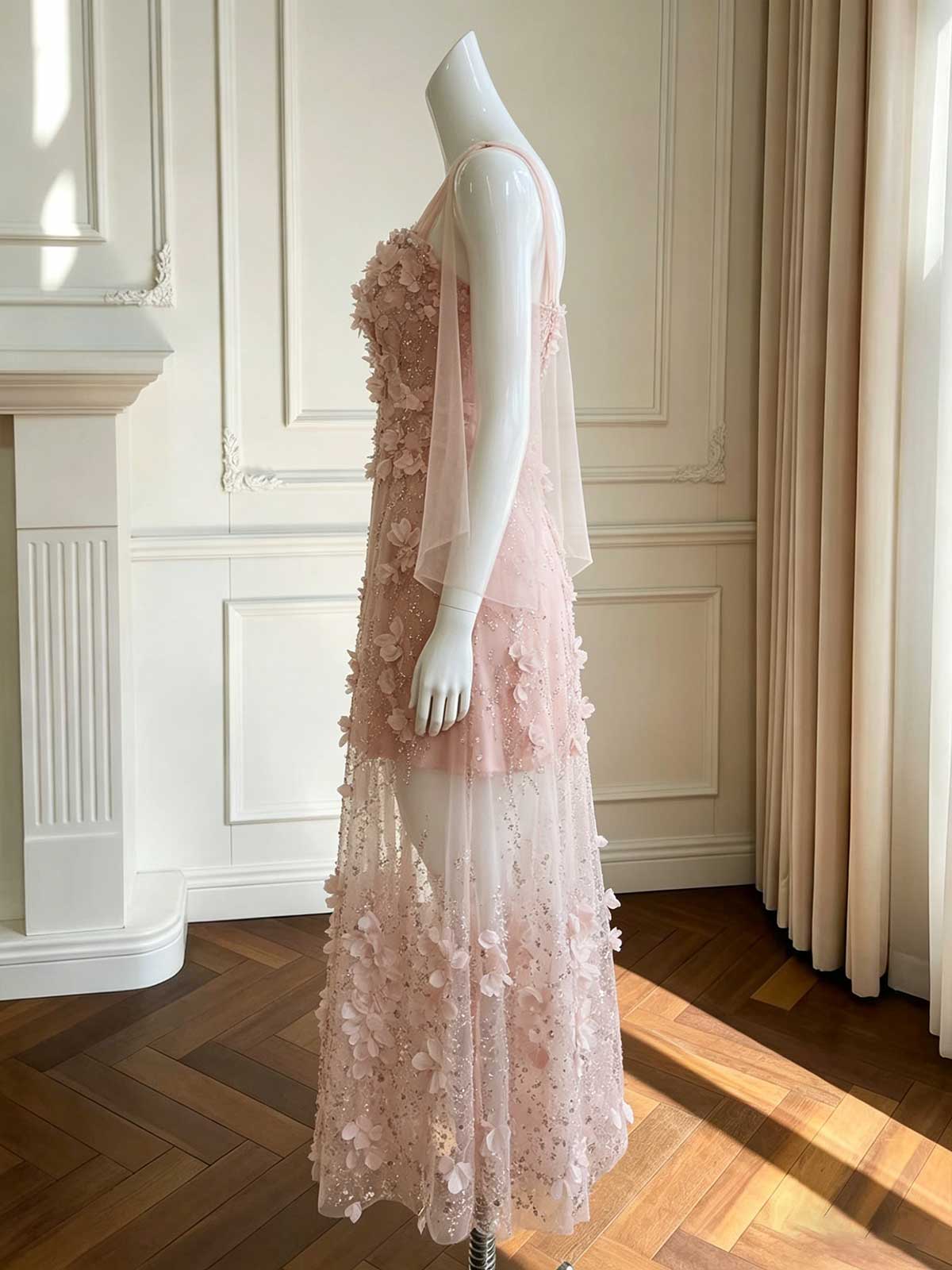 Blush Pink Spaghetti Strap Evening Gown with 3D Floral Appliqués