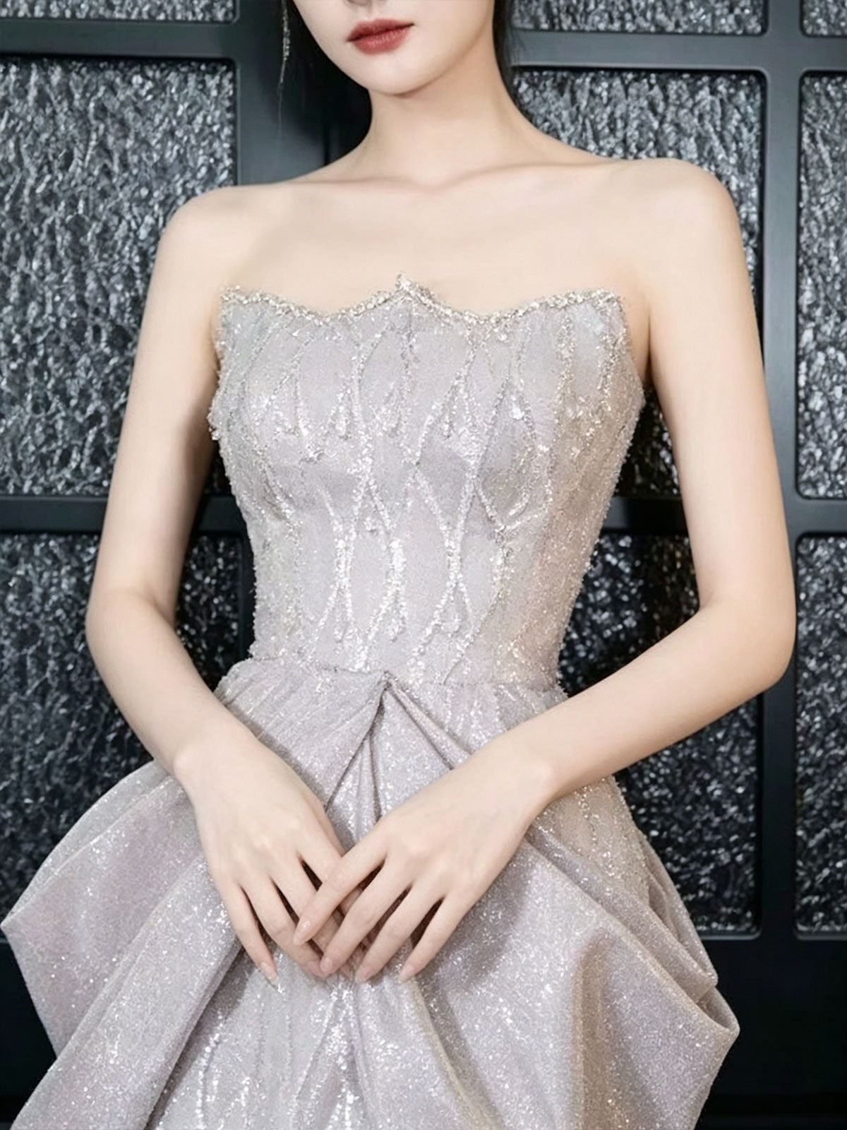 Strapless Lavender Draped Ruffle Glitter Mermaid Formal Gown