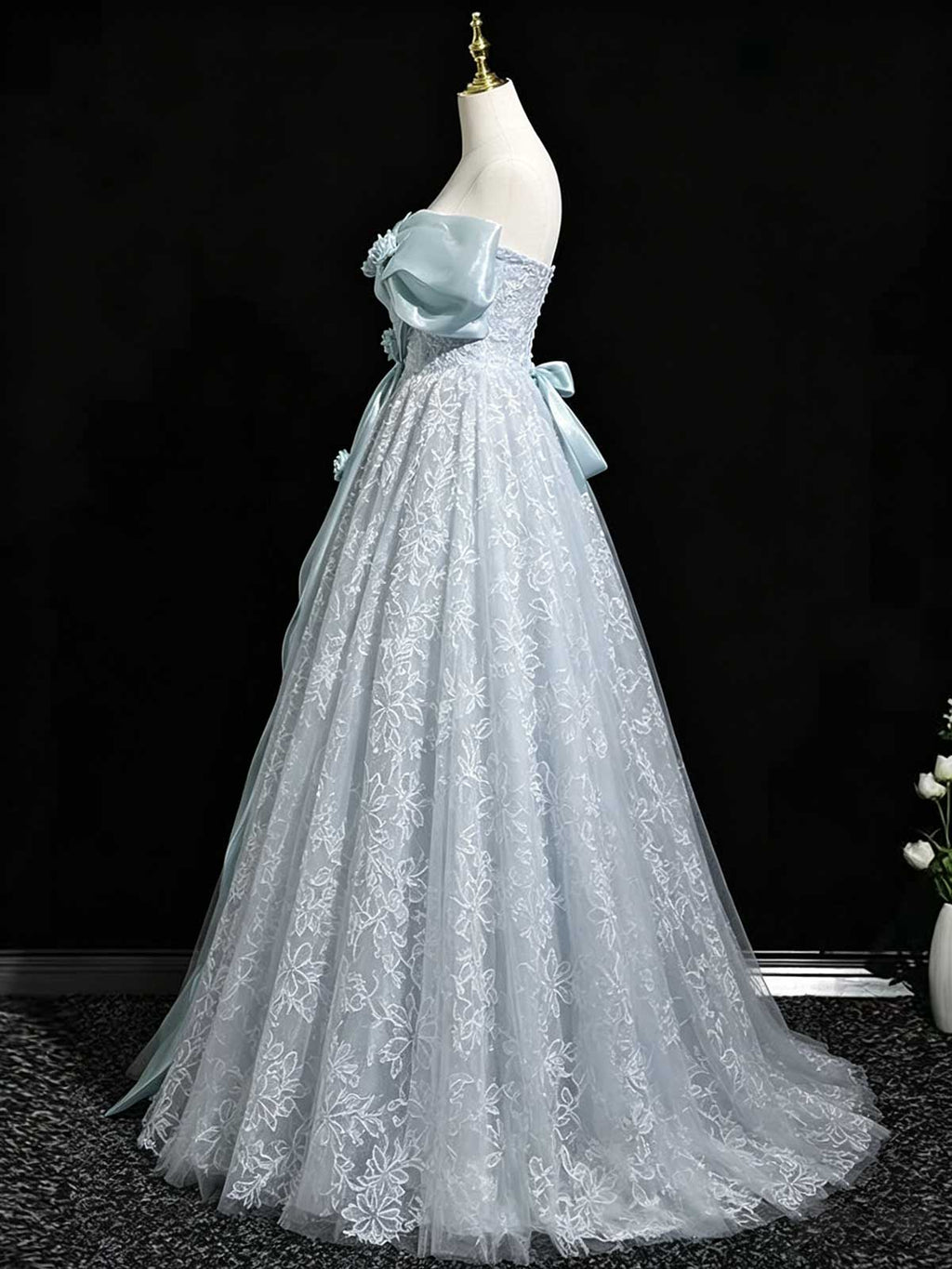 Light Blue Off-the-Shoulder Lace Ball Gown with Satin Bow Sash
