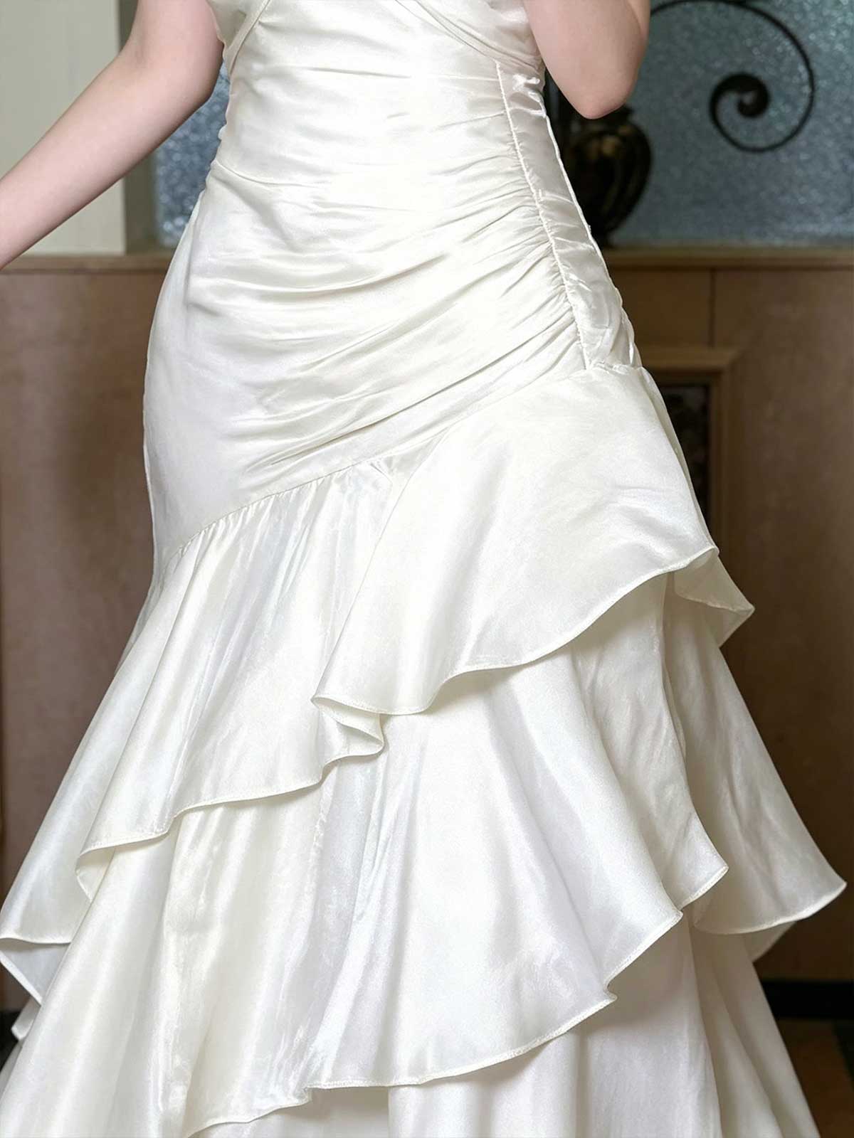Ivory Satin Off-the-Shoulder Ruffle Tiered Mermaid Wedding Dress