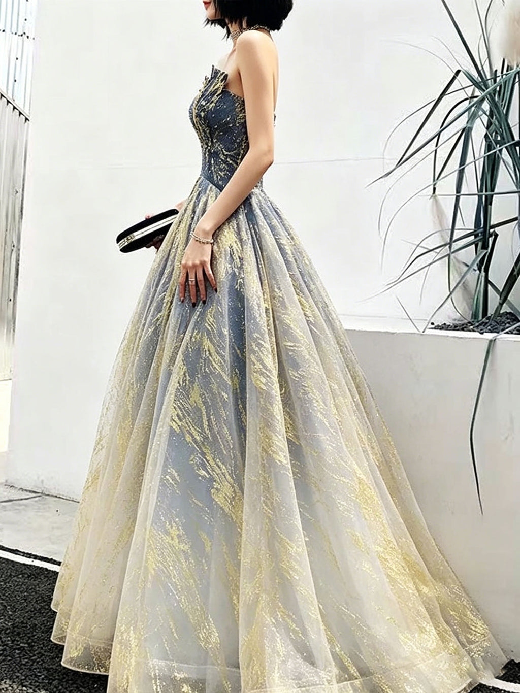 Navy Blue Strapless Ball Gown with Gold Foil Glitter Tulle
