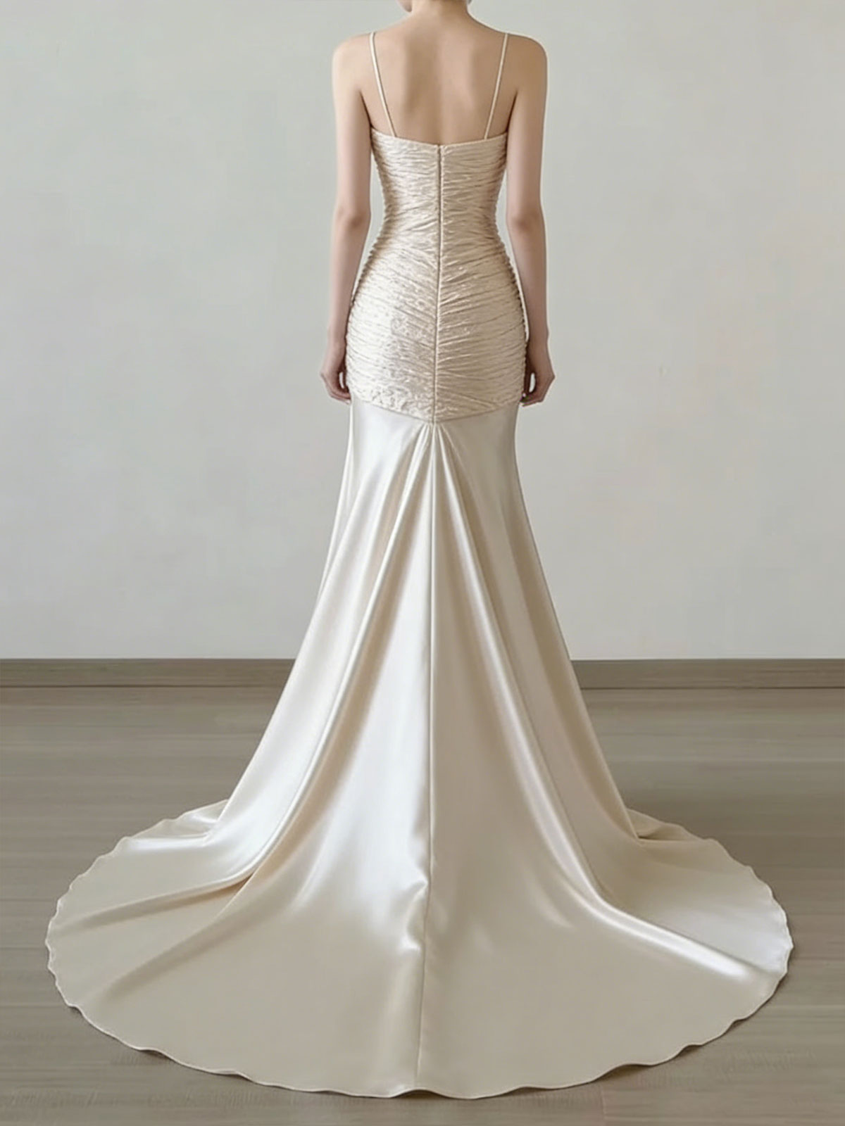 Champagne Satin Mermaid Evening Gown with Ruched Bodice