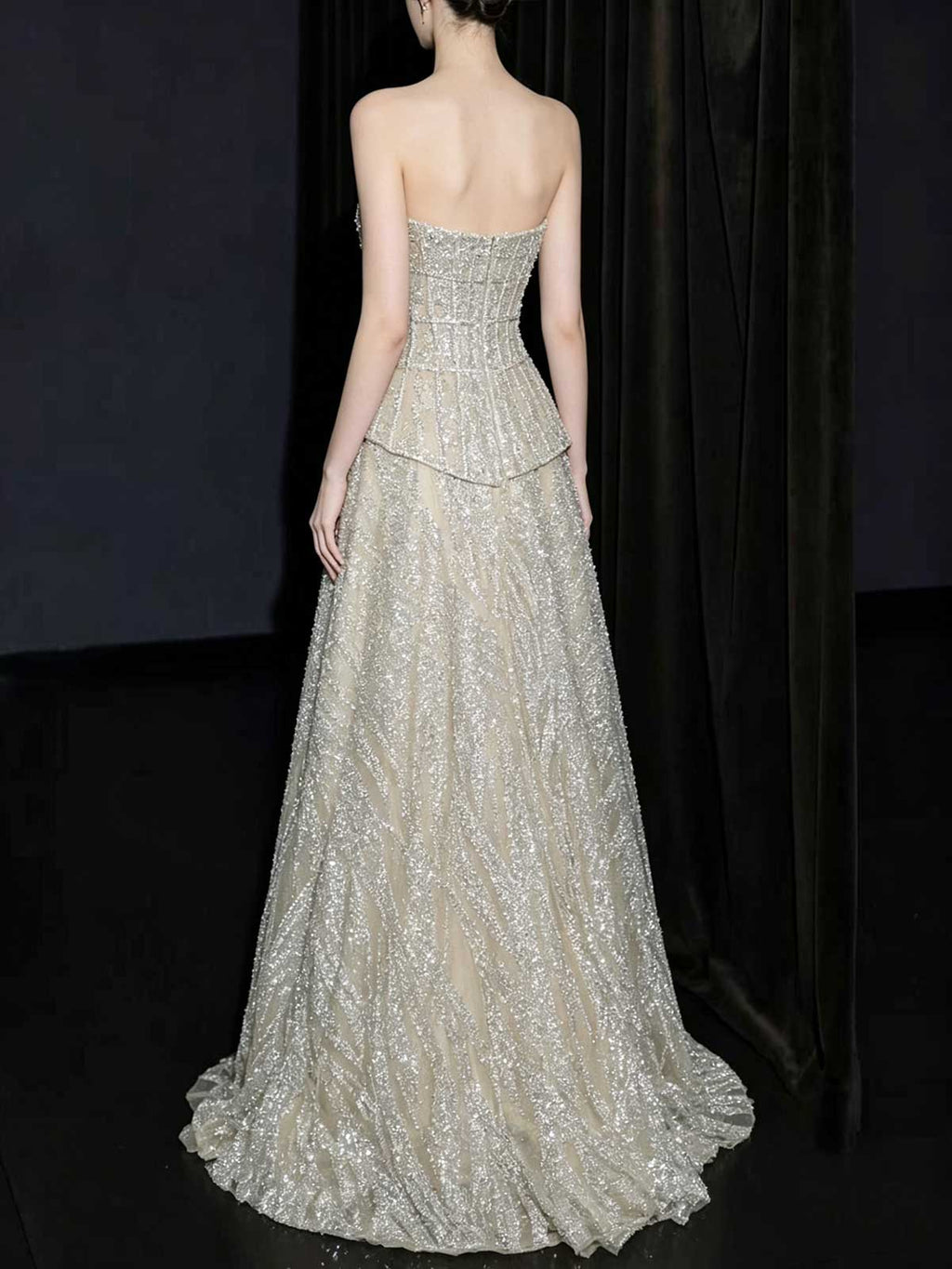Silver Strapless Grid Beaded A-Line Evening Gown