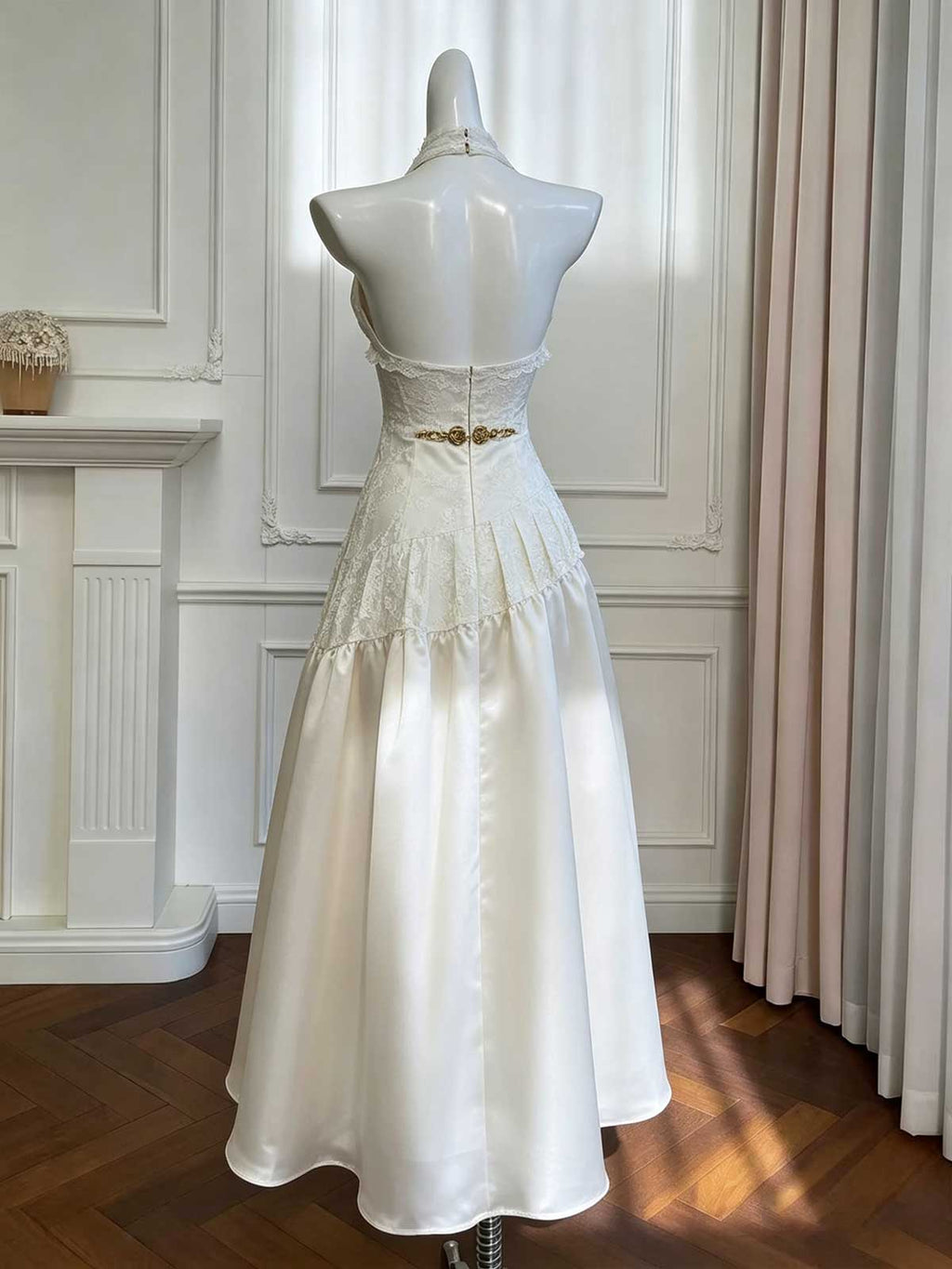 White Halter Lace Victorian Evening Gown with Corset Waist