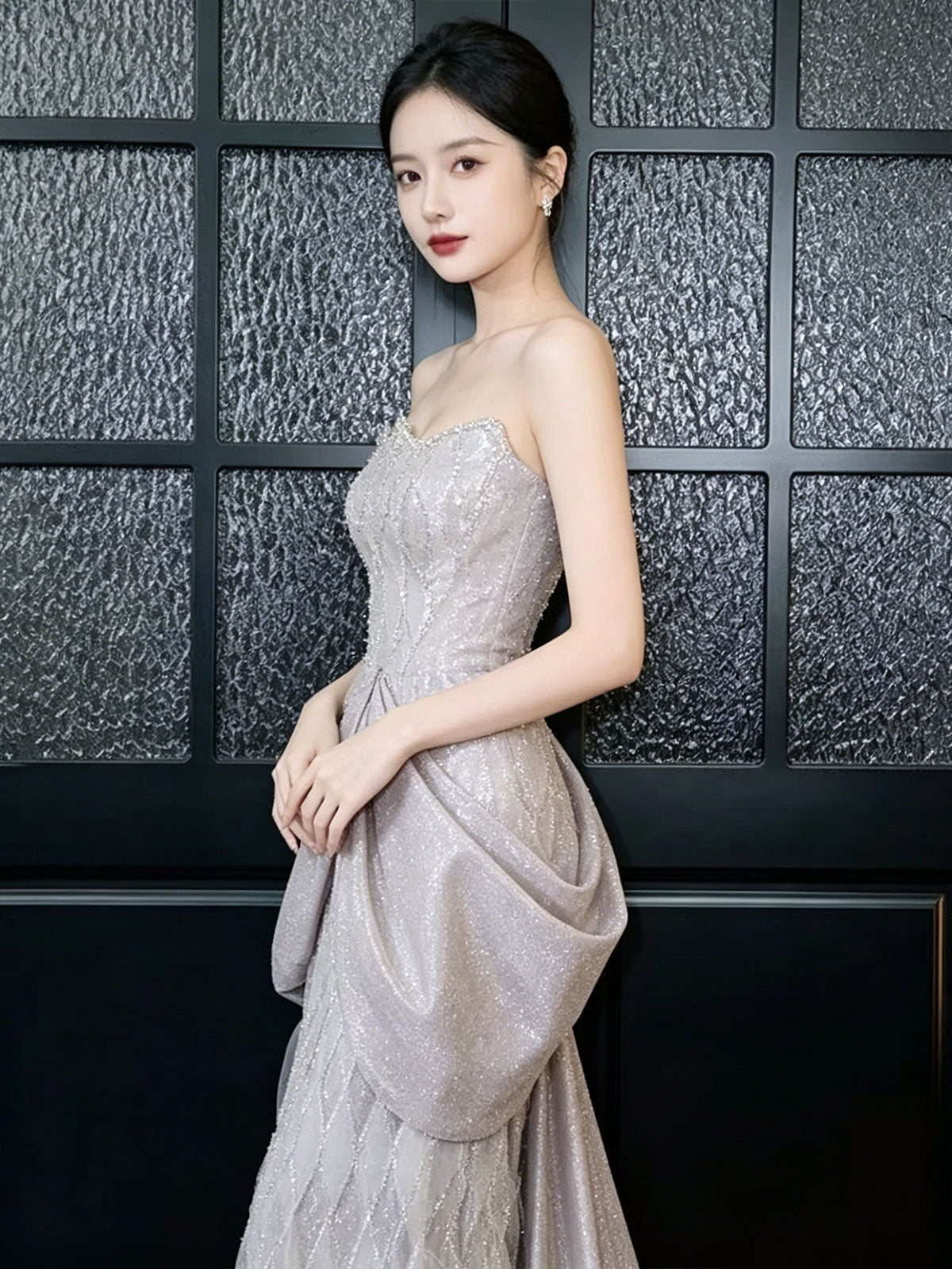 Strapless Lavender Draped Ruffle Glitter Mermaid Formal Gown
