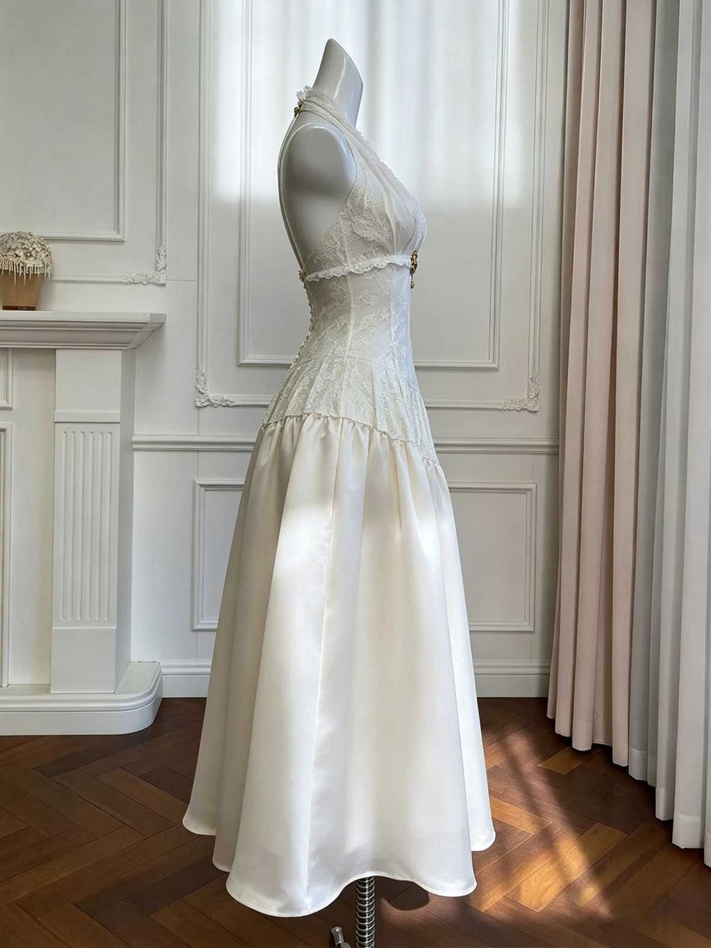 White Halter Lace Victorian Evening Gown with Corset Waist