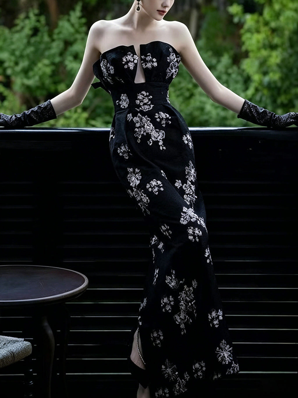 Strapless Black Floral Embroidery Slit Velvet Mermaid Gown