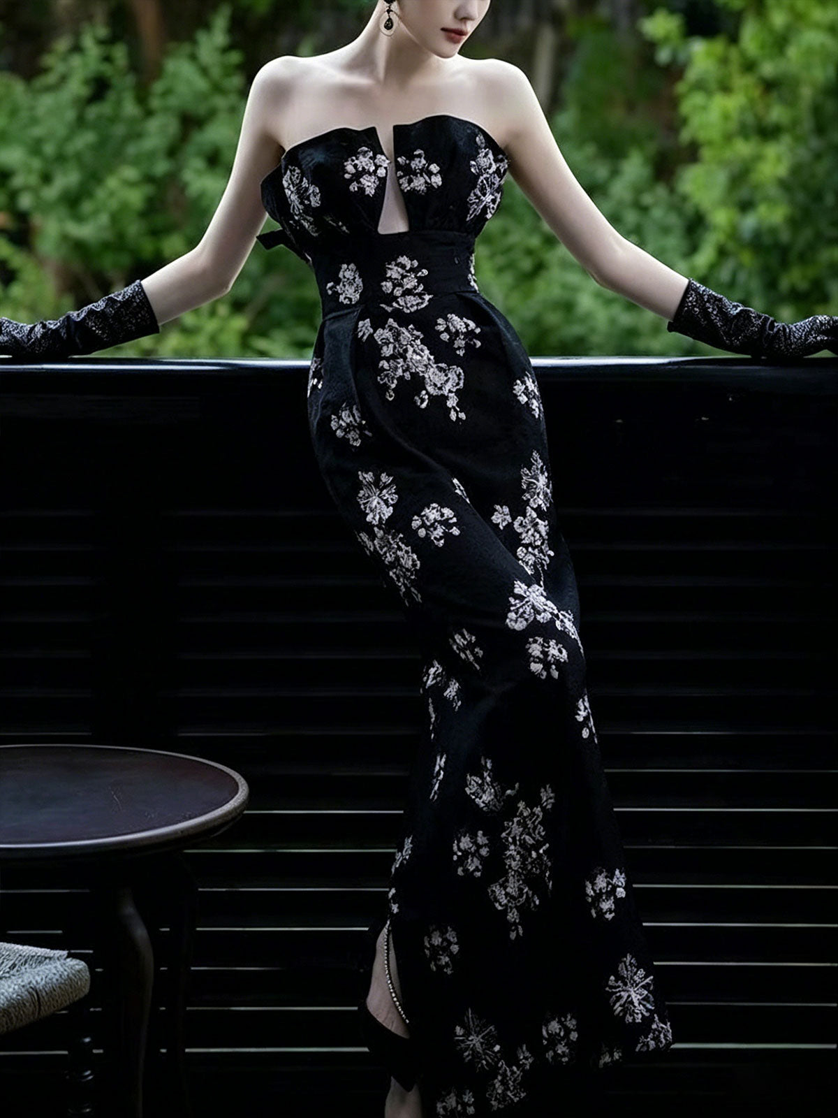 Strapless Black Floral Embroidery Slit Velvet Mermaid Gown
