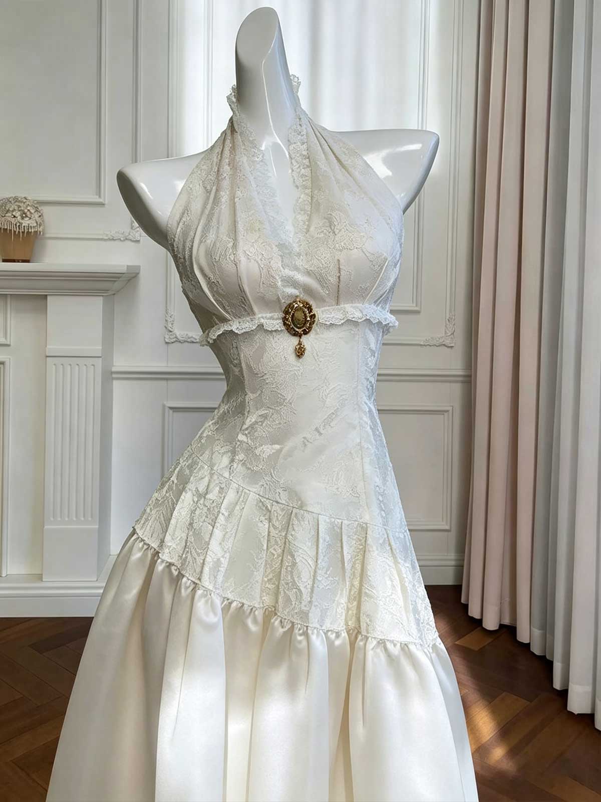 White Halter Lace Victorian Evening Gown with Corset Waist