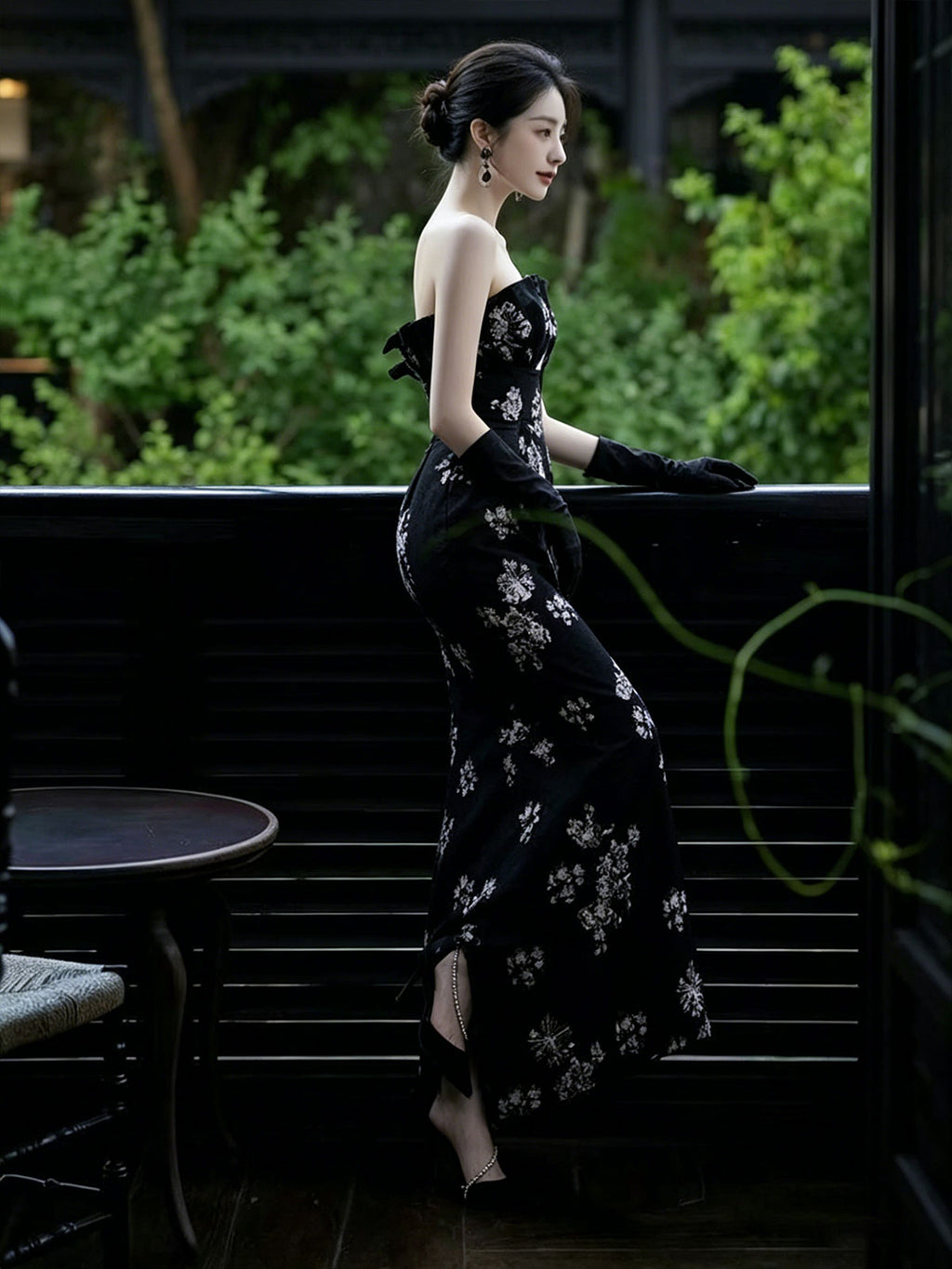Strapless Black Floral Embroidery Slit Velvet Mermaid Gown