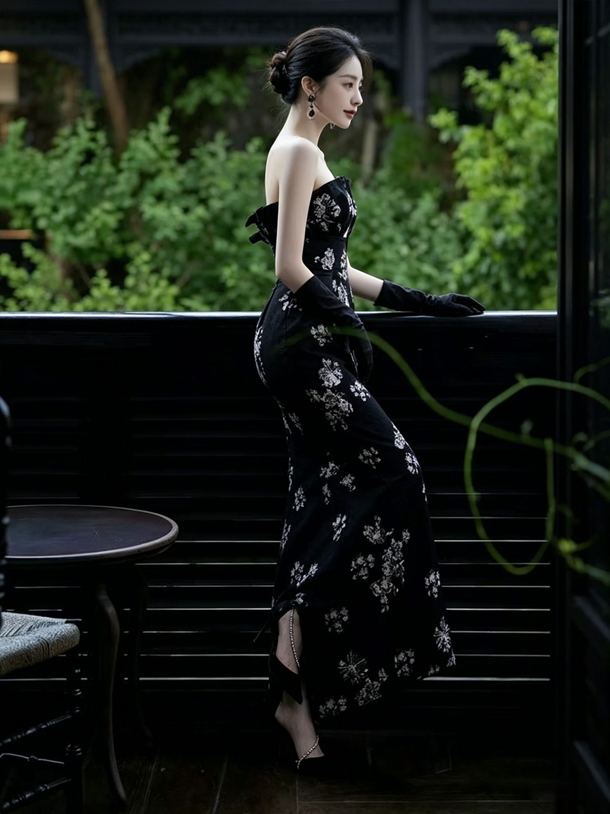 Strapless Black Floral Embroidery Slit Velvet Mermaid Gown