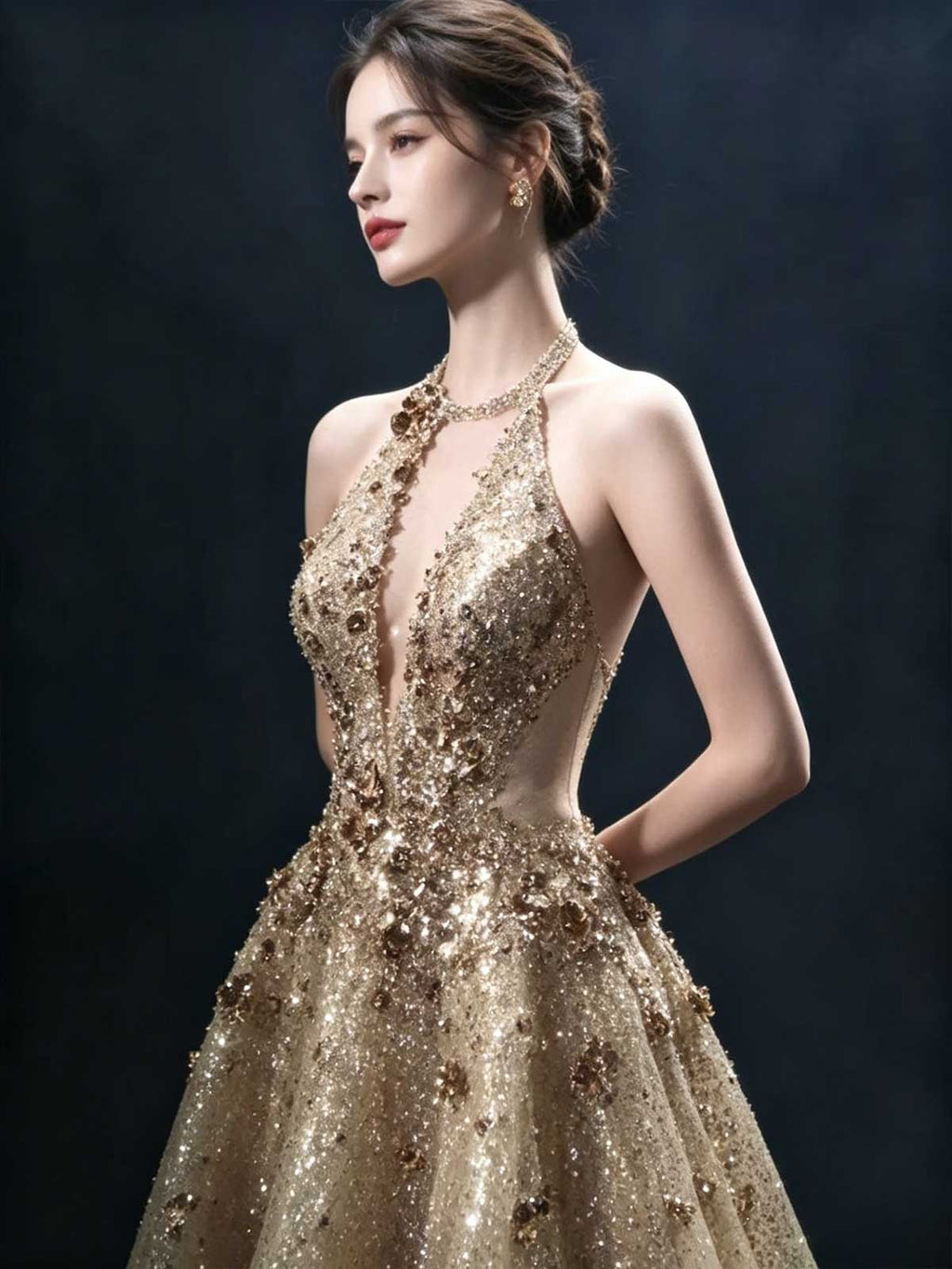 Champagne Gold Halter Sequin Ball Gown with Deep V Neck