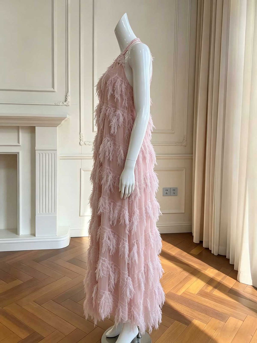 Blush Pink Halter Feather Tulle Evening Gown
