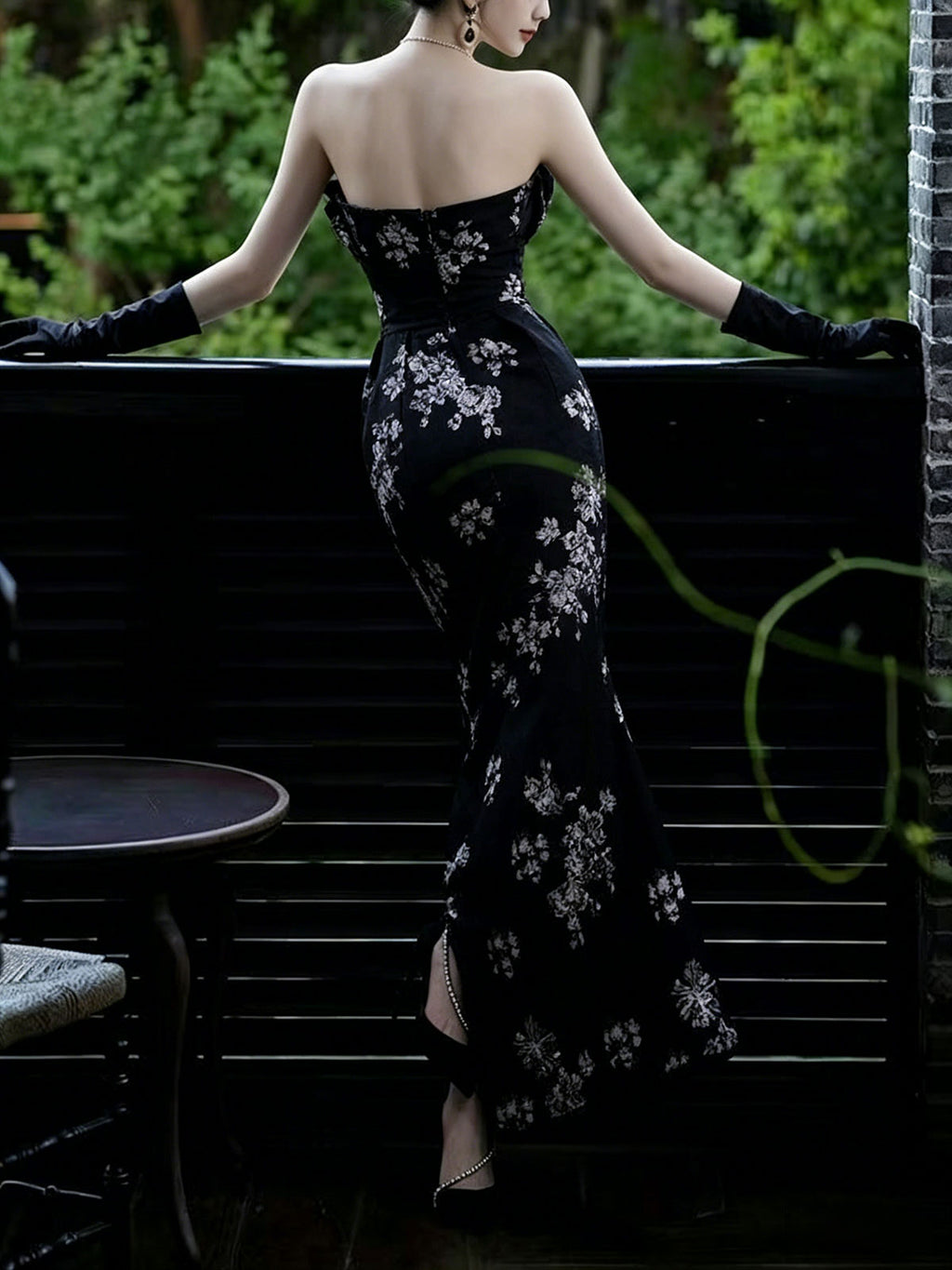 Strapless Black Floral Embroidery Slit Velvet Mermaid Gown
