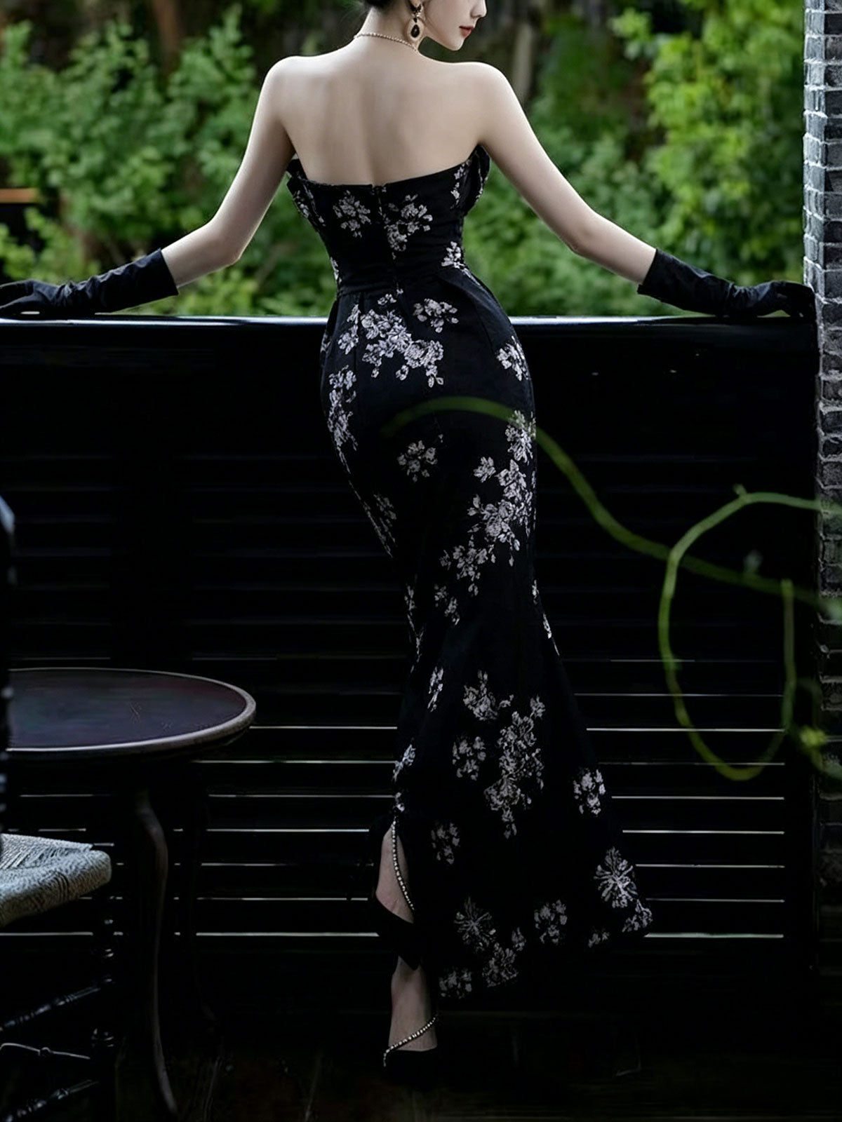 Strapless Black Floral Embroidery Slit Velvet Mermaid Gown