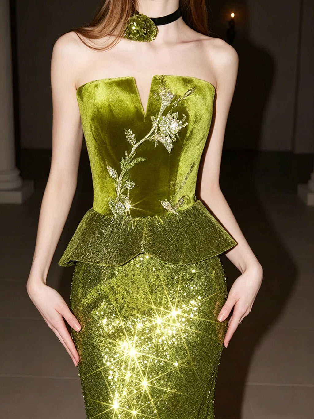 Strapless Green Peplum Floral Beaded Glitter Mermaid Gown