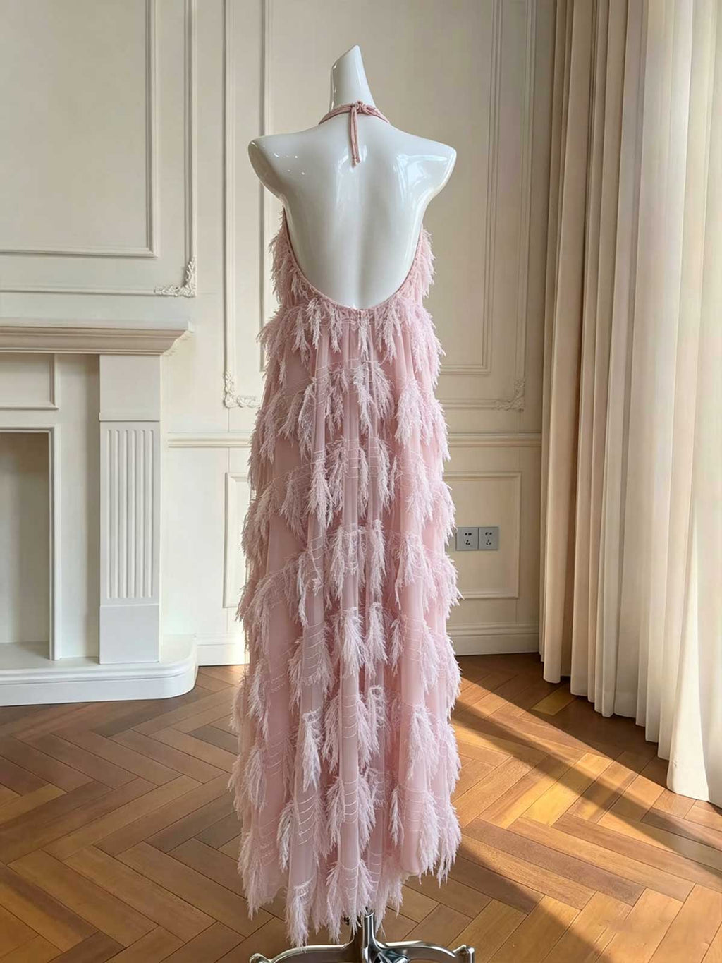 Blush Pink Halter Feather Tulle Evening Gown