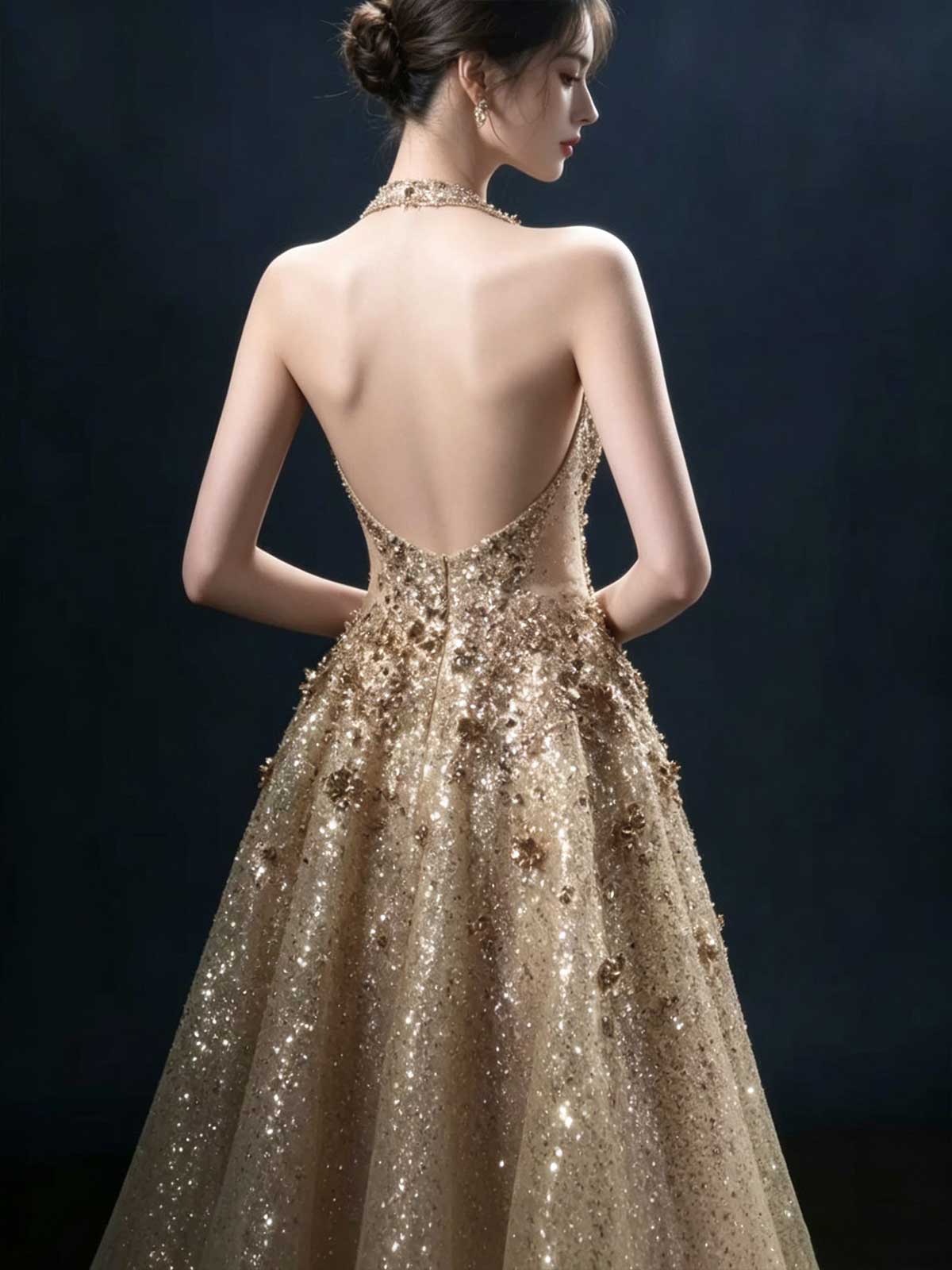Champagne Gold Halter Sequin Ball Gown with Deep V Neck