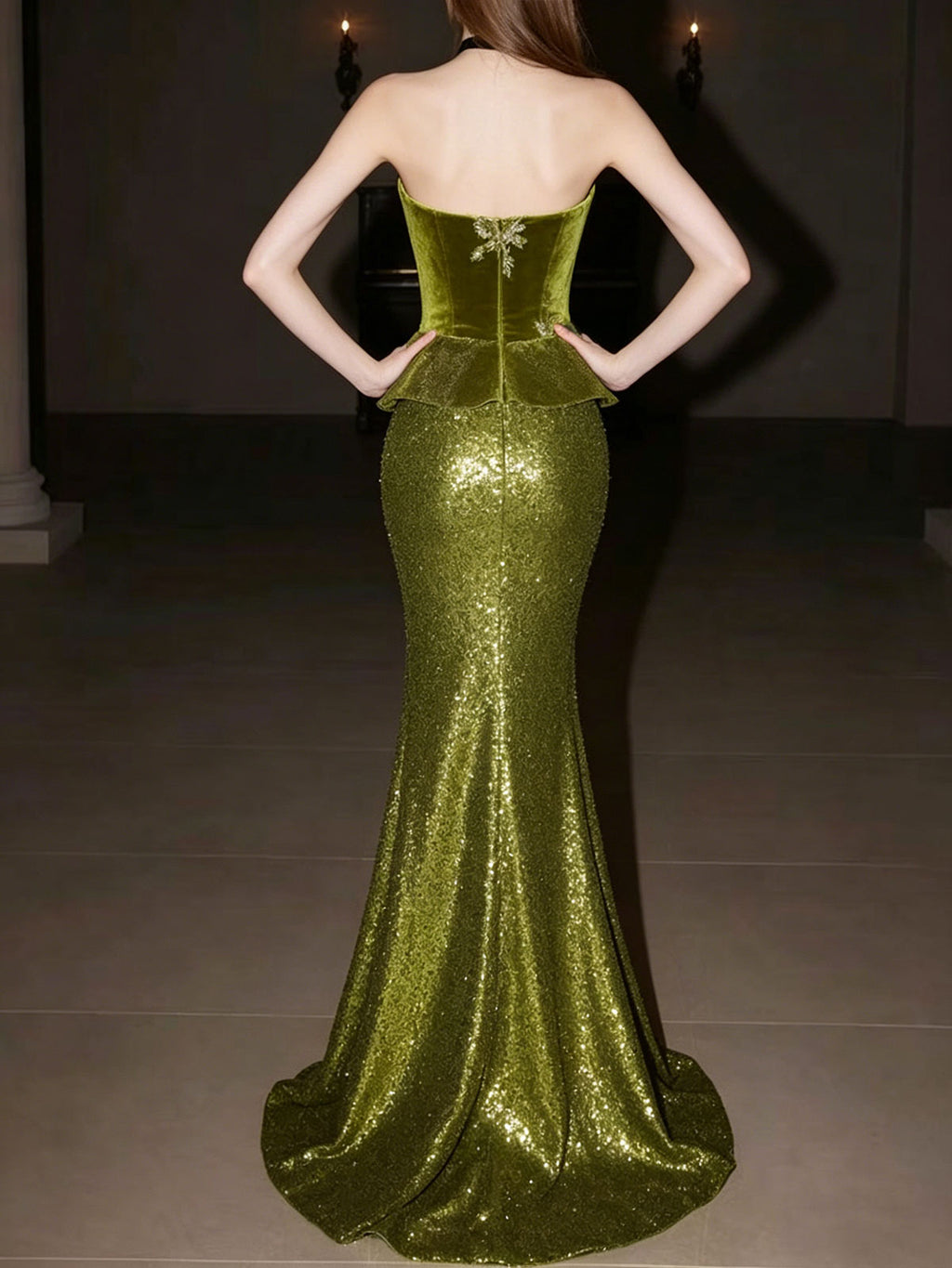 Strapless Green Peplum Floral Beaded Glitter Mermaid Gown