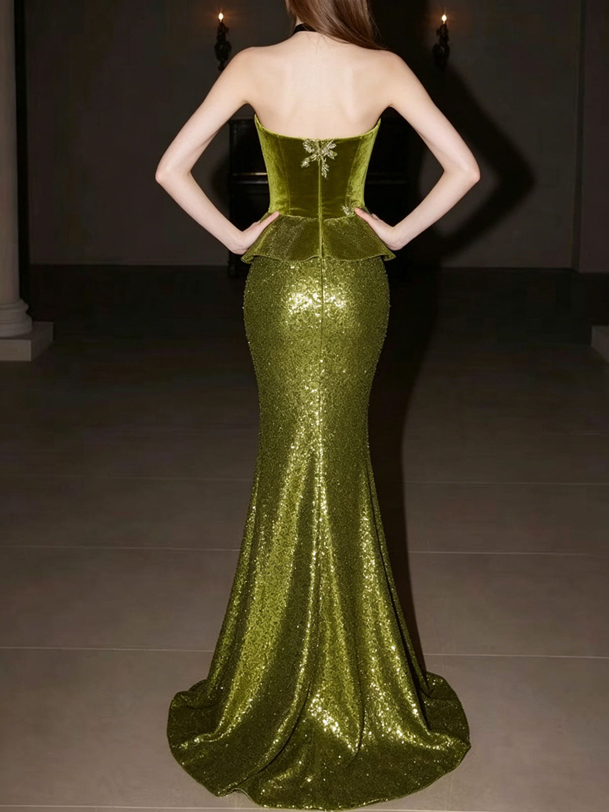 Strapless Green Peplum Floral Beaded Glitter Mermaid Gown