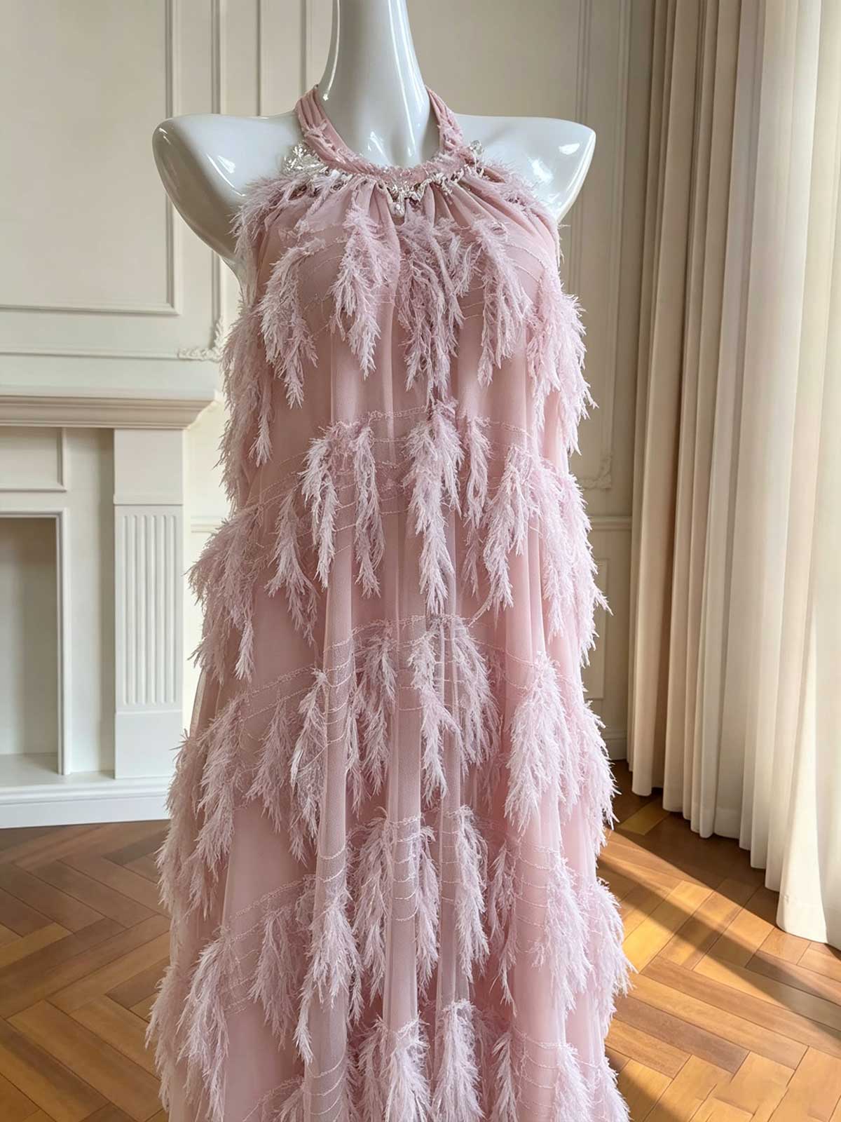 Blush Pink Halter Feather Tulle Evening Gown