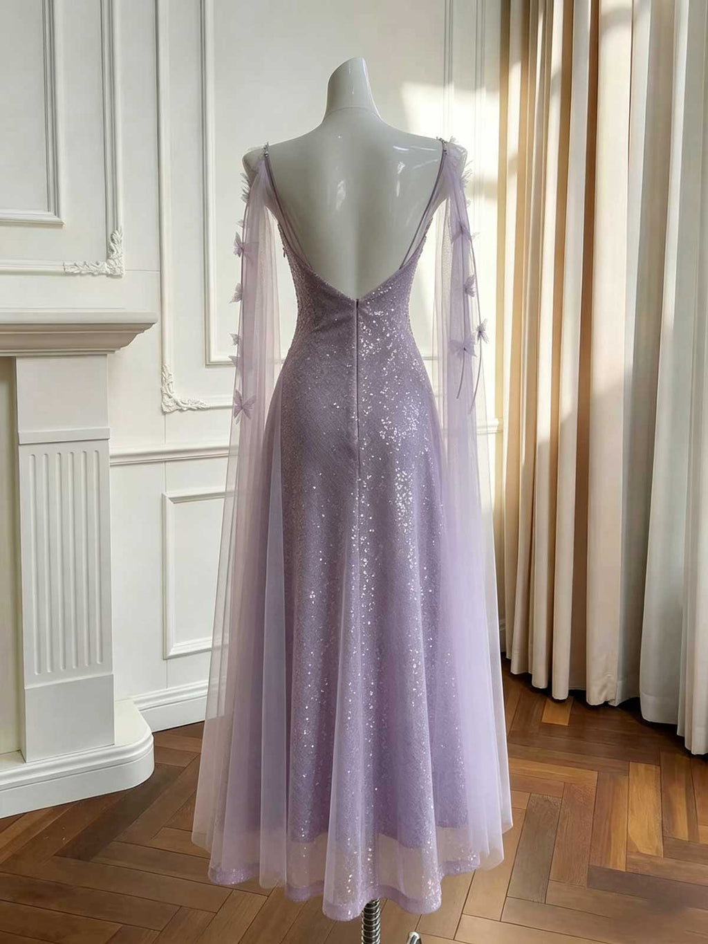 Lavender Halter Sequin Evening Gown with Tulle Cape Sleeves
