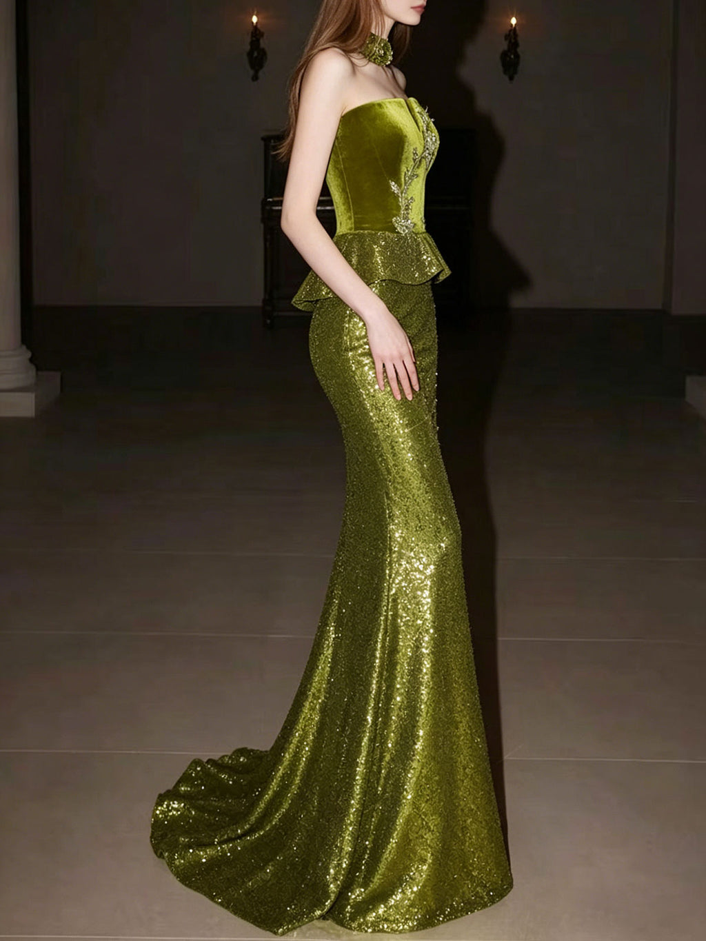 Strapless Green Peplum Floral Beaded Glitter Mermaid Gown