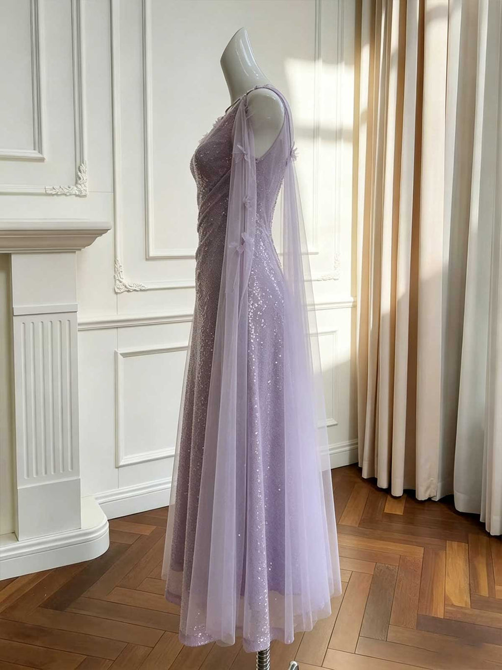 Lavender Halter Sequin Evening Gown with Tulle Cape Sleeves