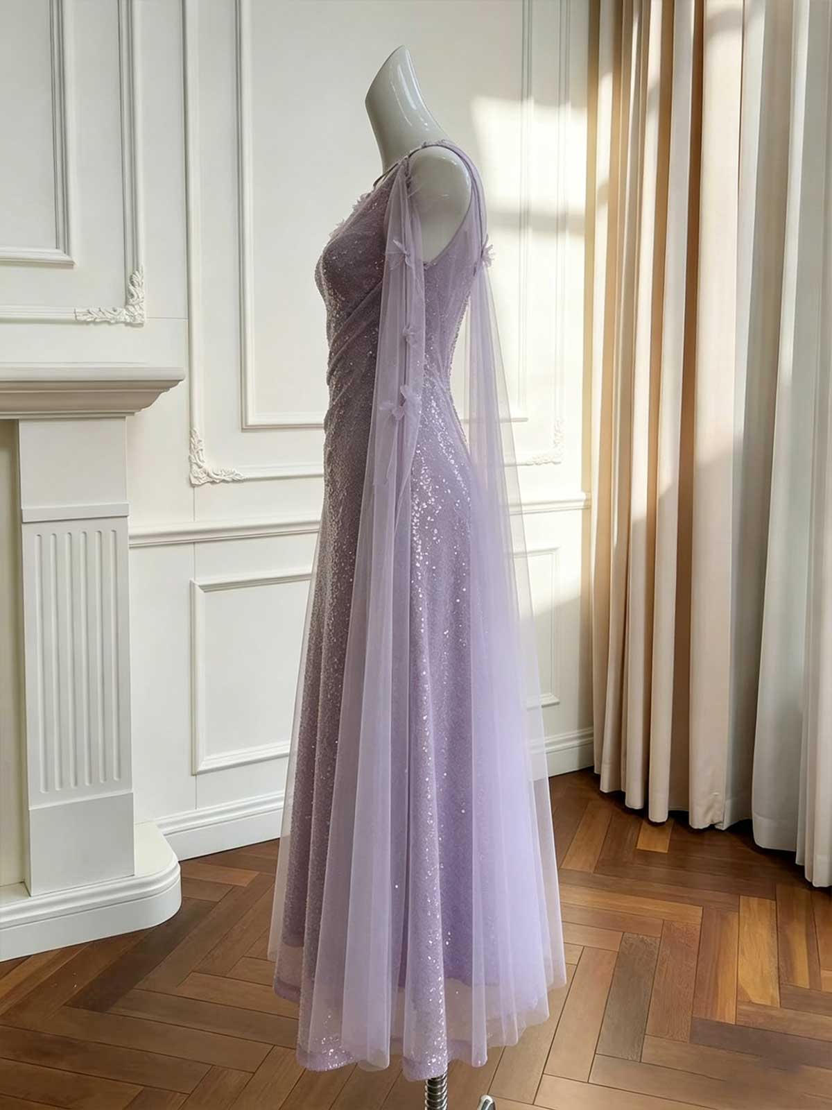Lavender Halter Sequin Evening Gown with Tulle Cape Sleeves