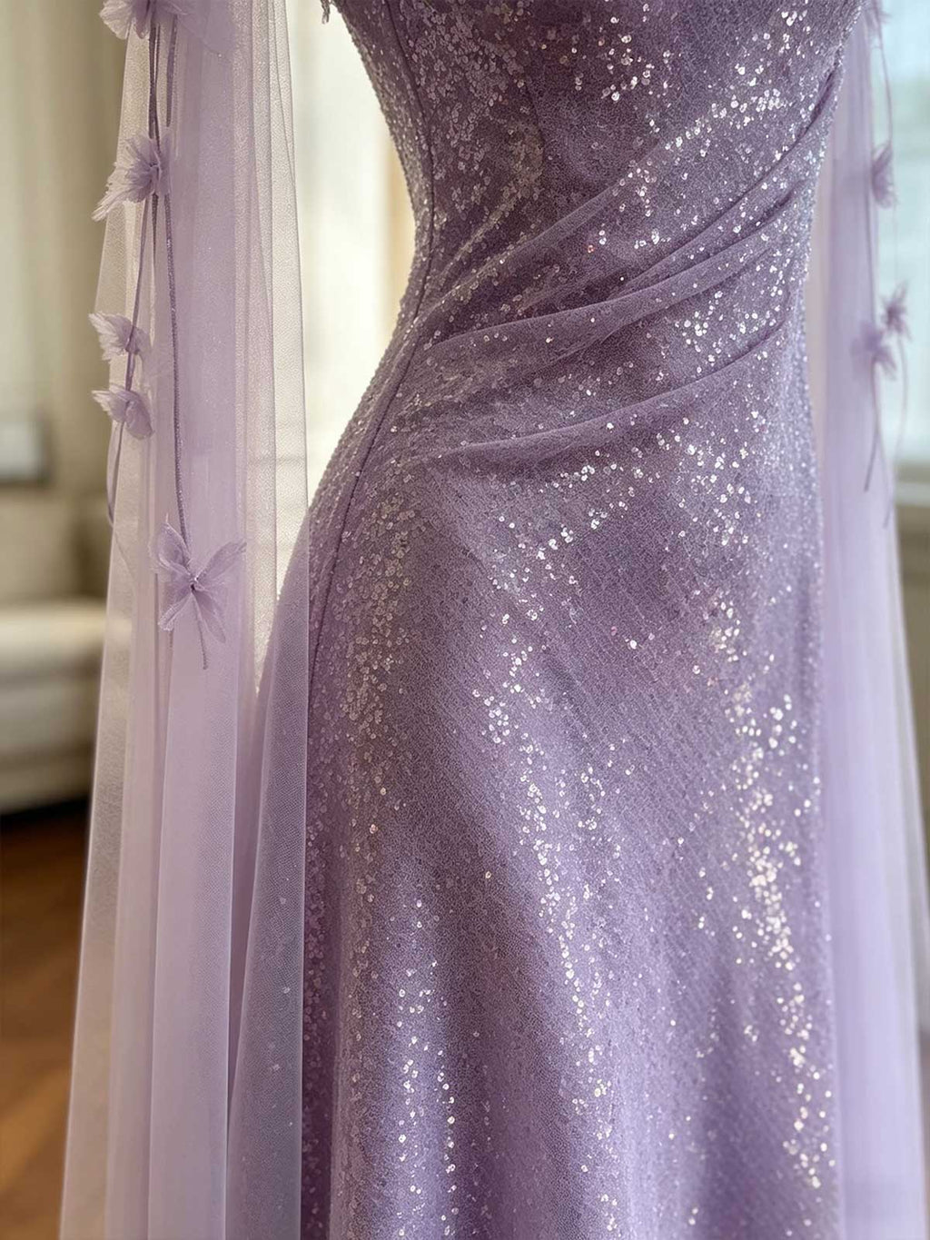 Lavender Halter Sequin Evening Gown with Tulle Cape Sleeves