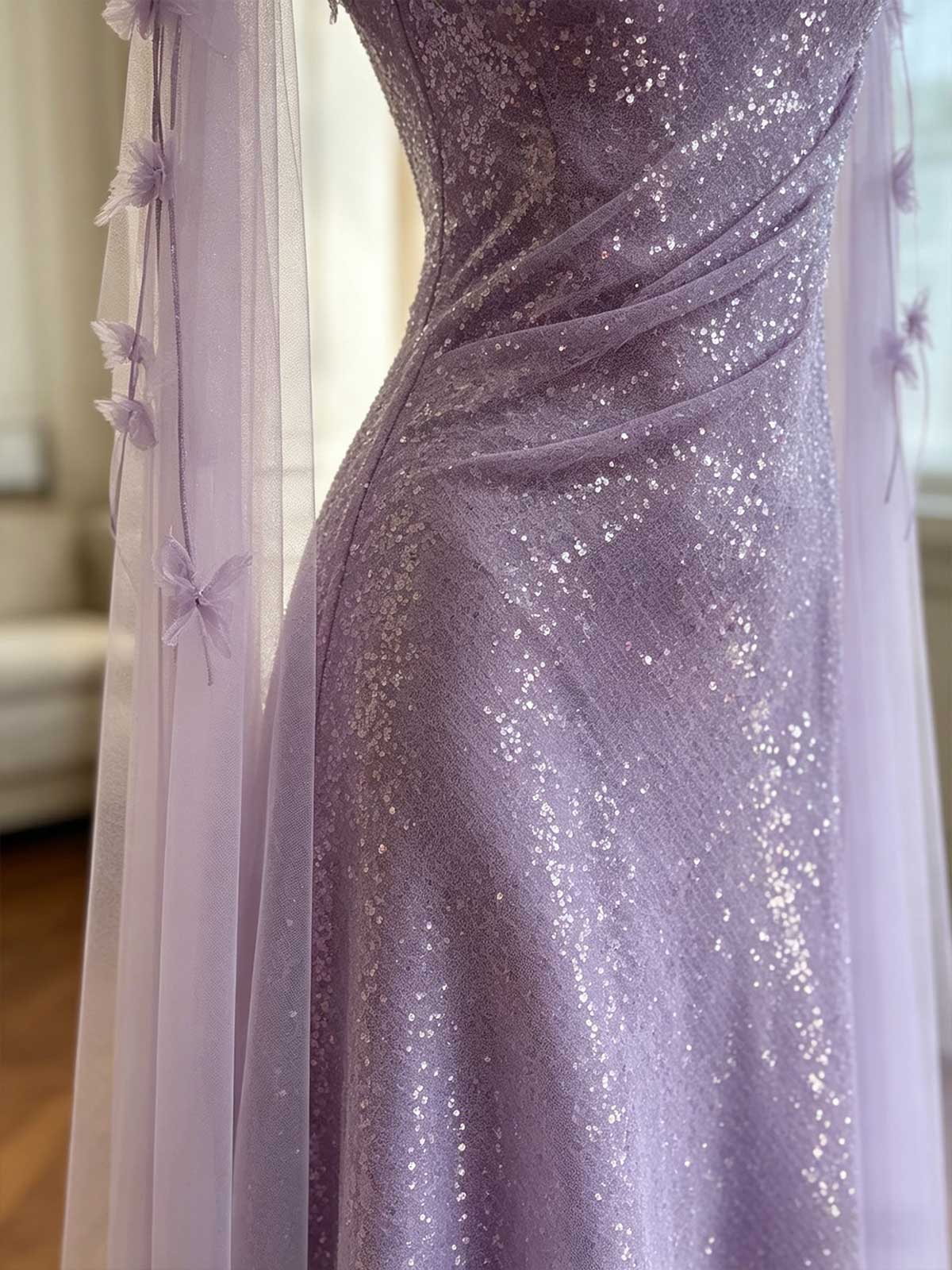 Lavender Halter Sequin Evening Gown with Tulle Cape Sleeves