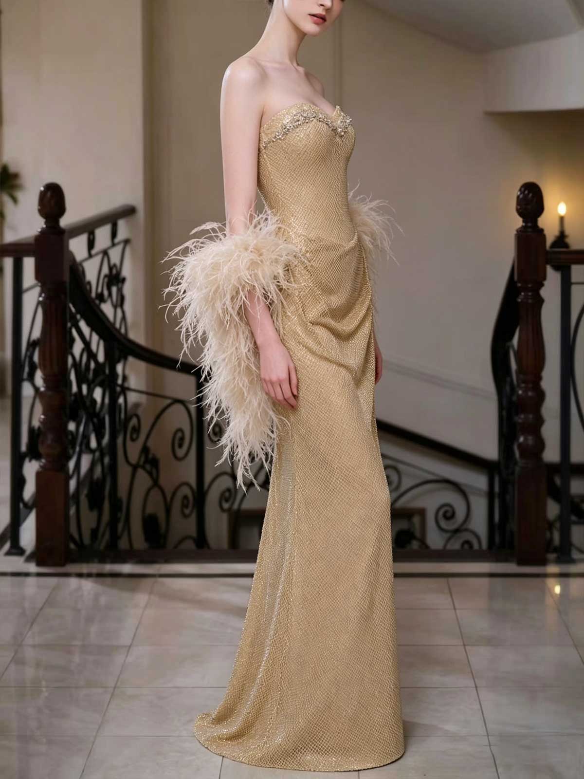 Gold Strapless Rhinestone Mesh Mermaid Evening Gown with Feather Cuffs