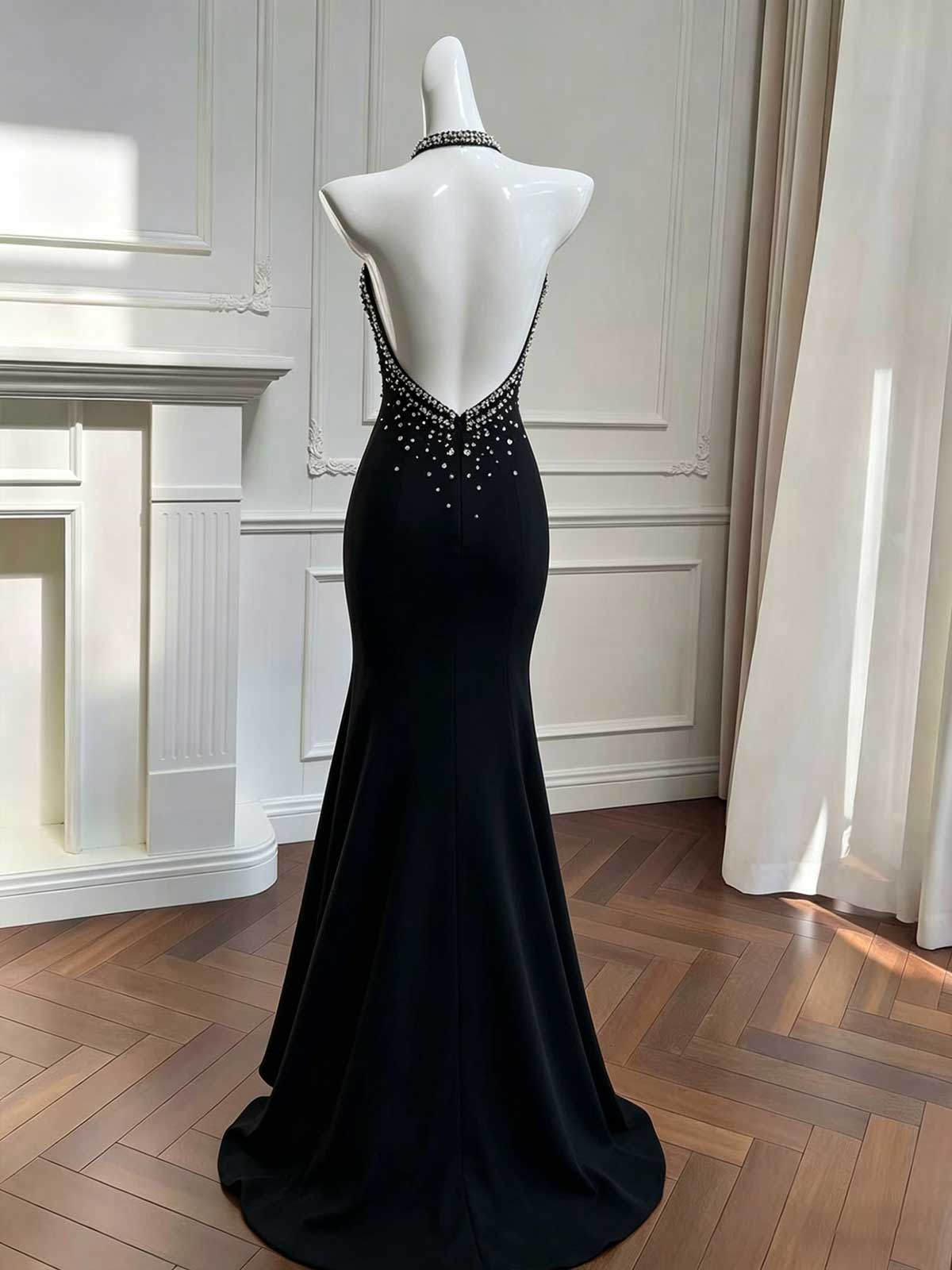 Black Halter Crystal-Embellished Mermaid Evening Gown