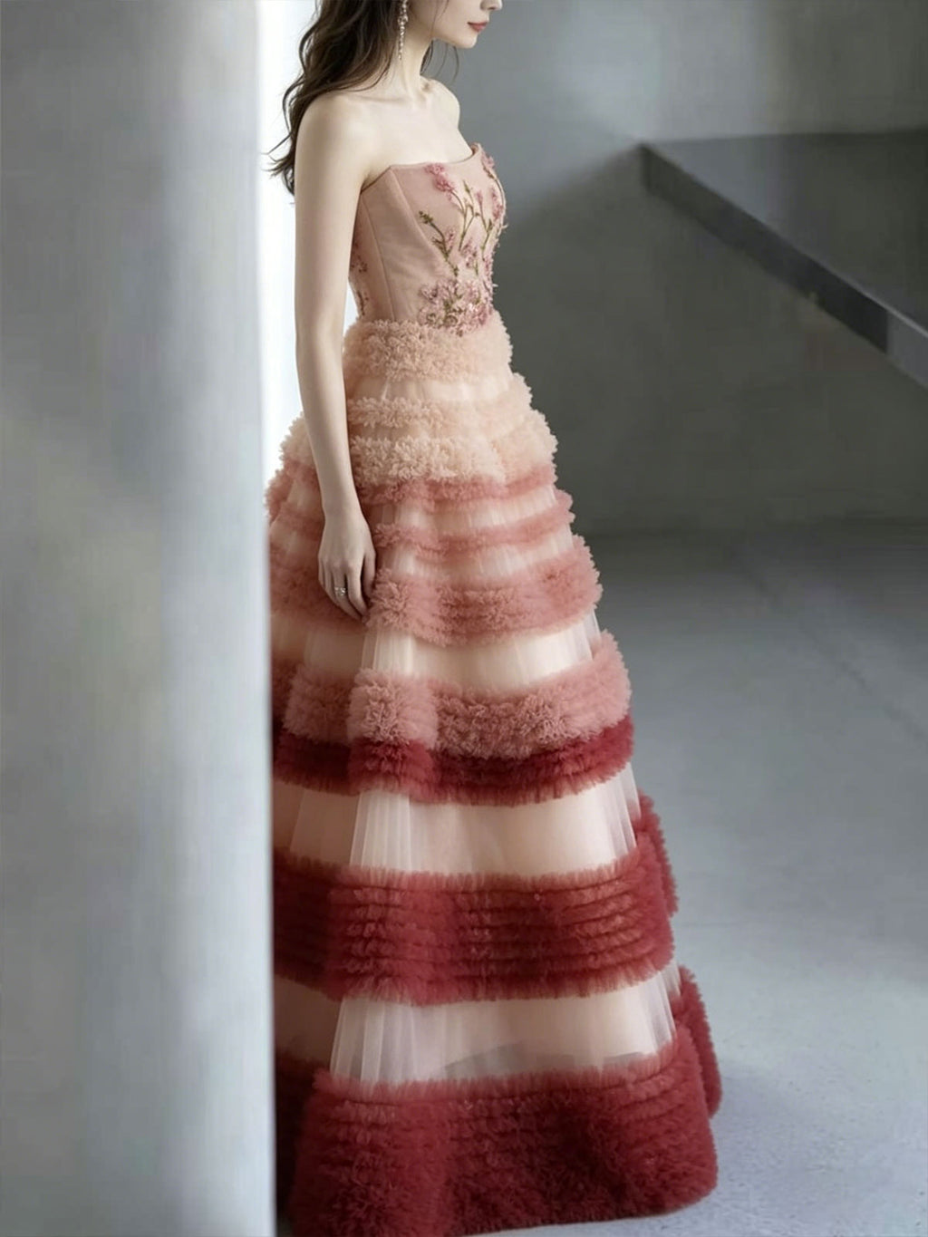 Ombre Red to Blush Strapless Tiered Tulle Ball Gown with Floral Embroidery