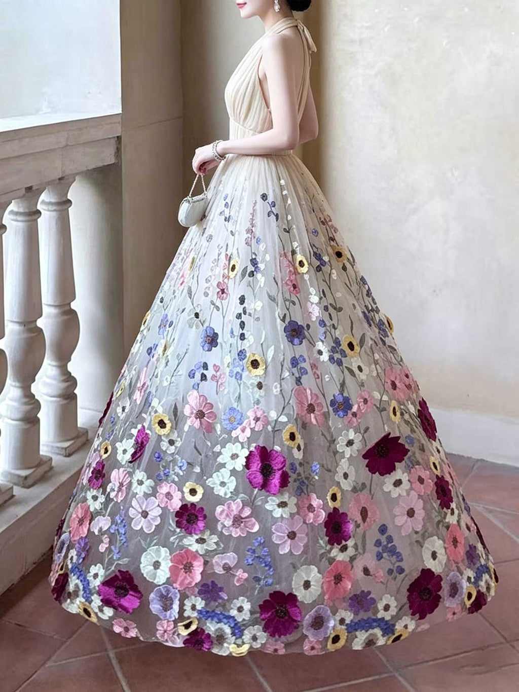 Multicolor Floral Embroidered Halter Neck A-Line Prom Gown