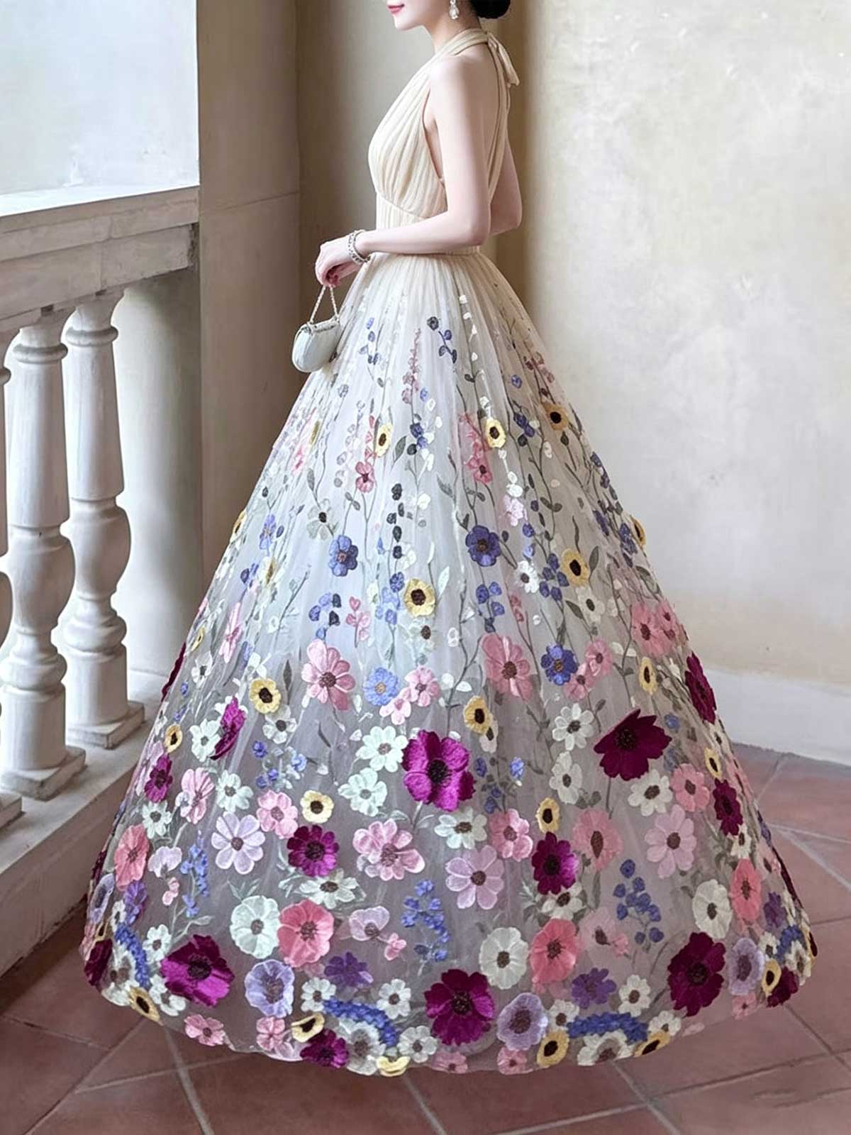 Multicolor Floral Embroidered Halter Neck A-Line Prom Gown