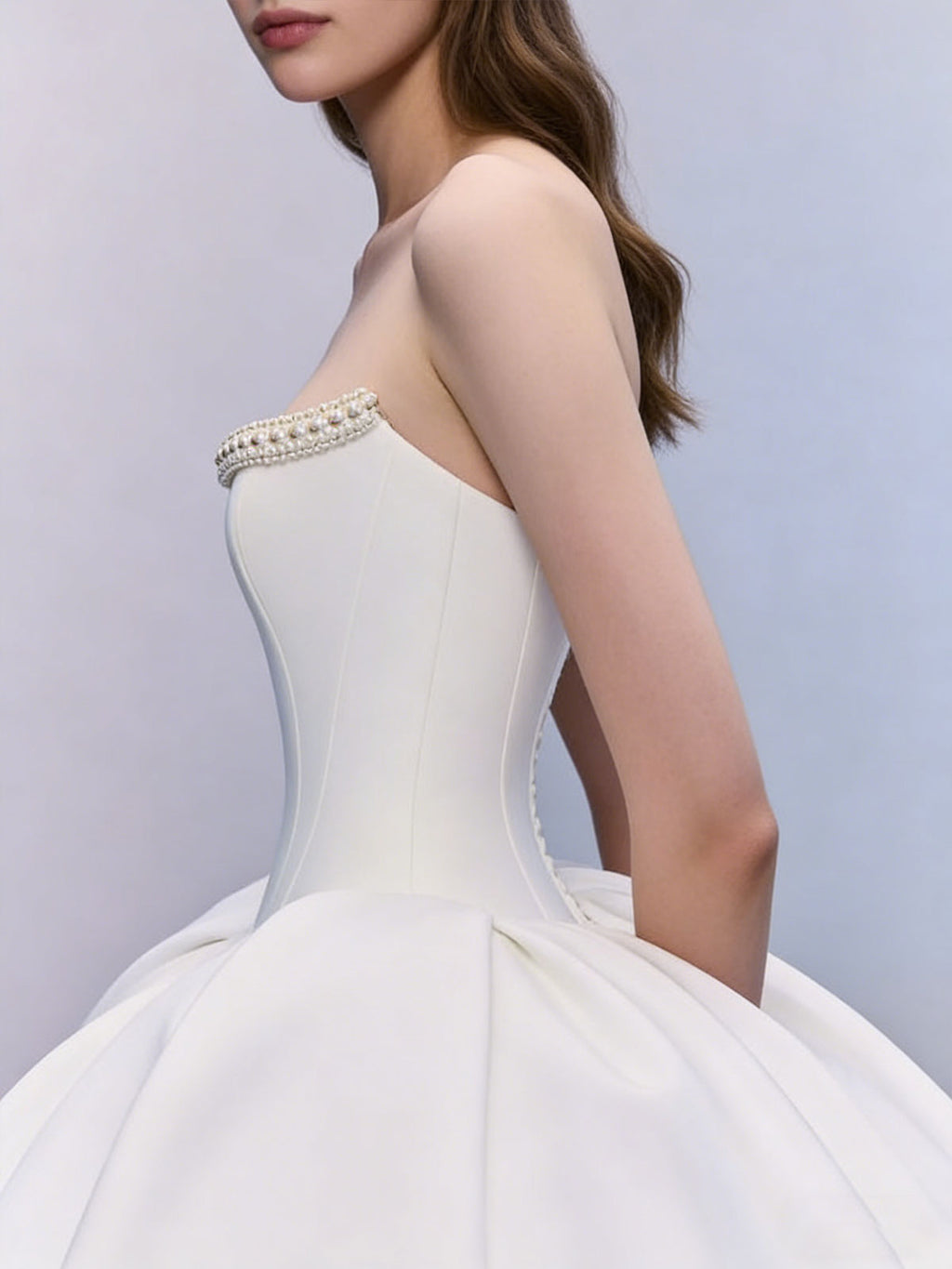 Minimalist Strapless Satin Ball Gown with Crystal Embellished Neckline