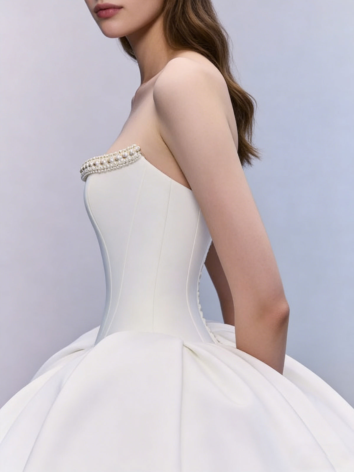 Minimalist Strapless Satin Ball Gown with Crystal Embellished Neckline