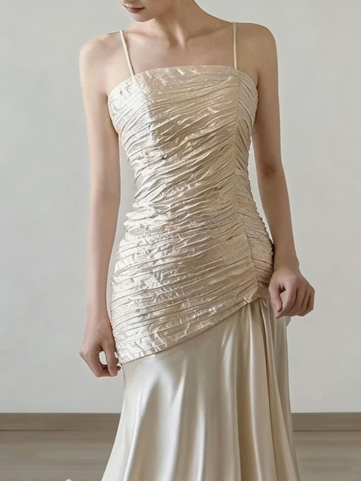 Champagne Satin Mermaid Evening Gown with Ruched Bodice