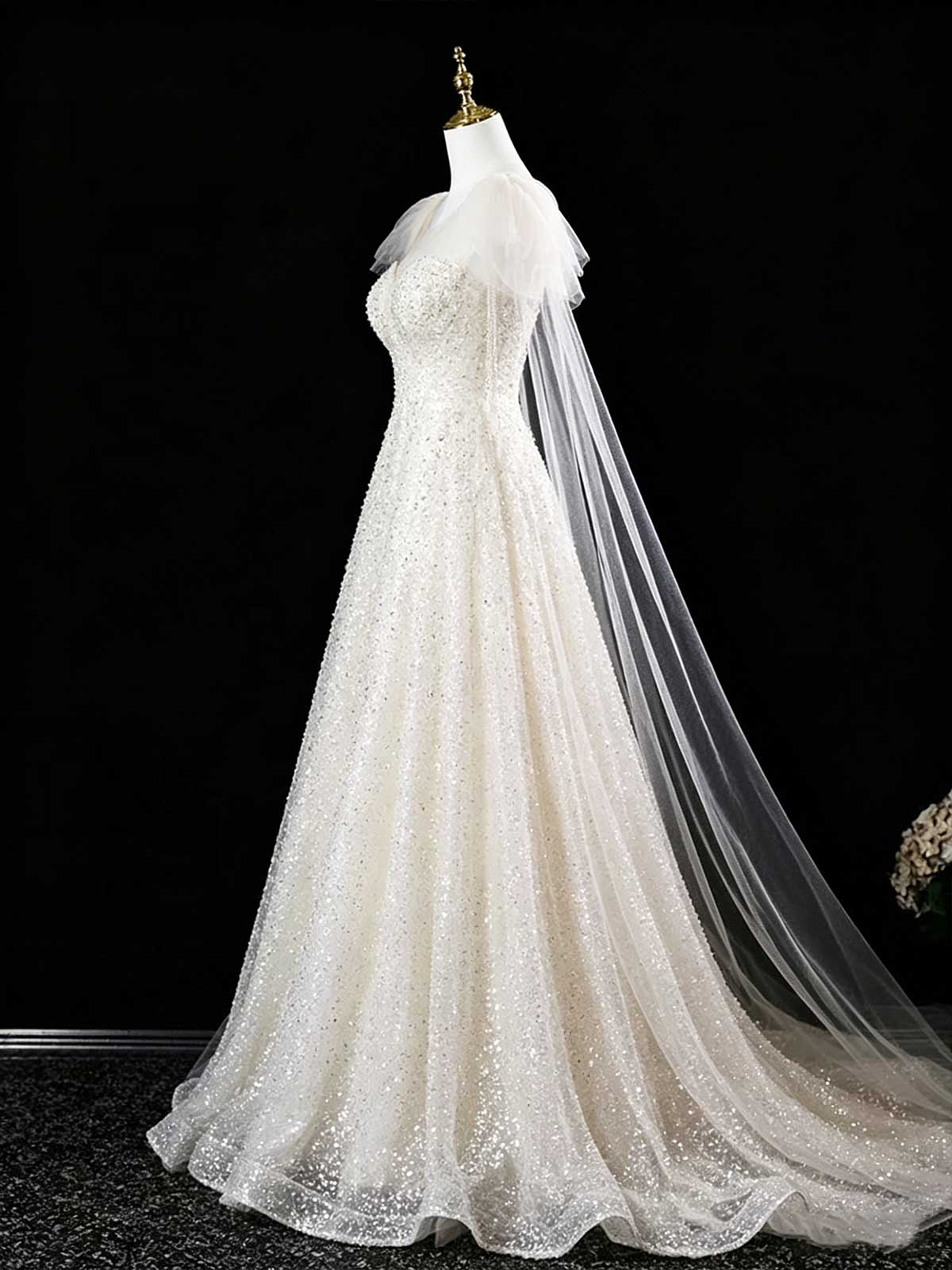Champagne Sequin Tulle Evening Gown with Sheer Cape Sleeves