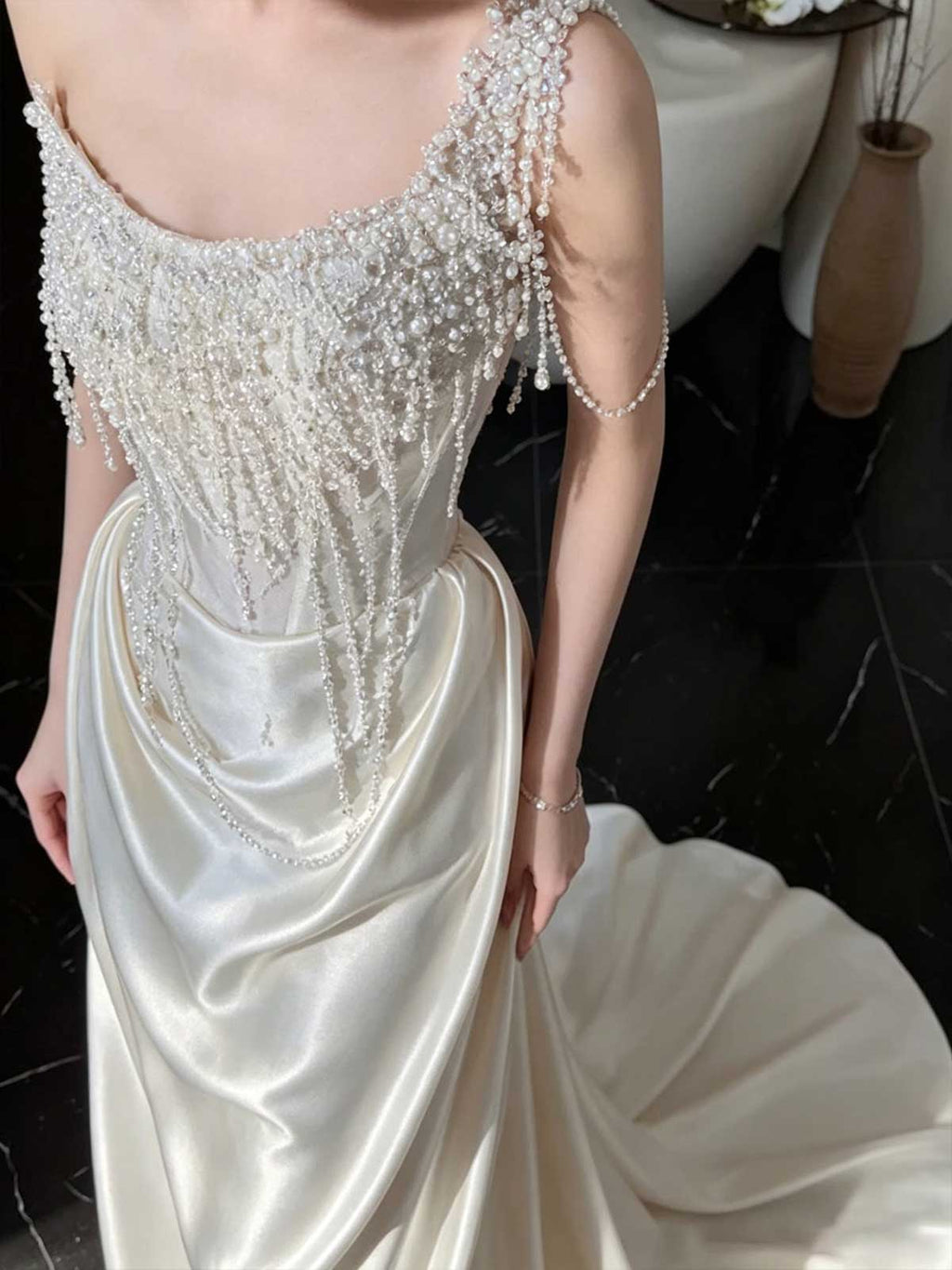 Ivory Satin One-Shoulder Beaded Fringe Mermaid Evening Gown