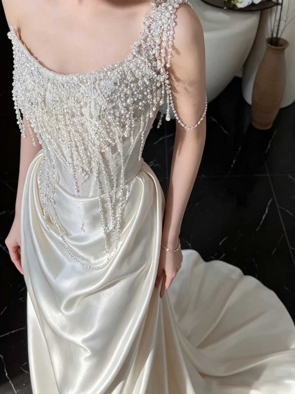 Ivory Satin One-Shoulder Beaded Fringe Mermaid Evening Gown