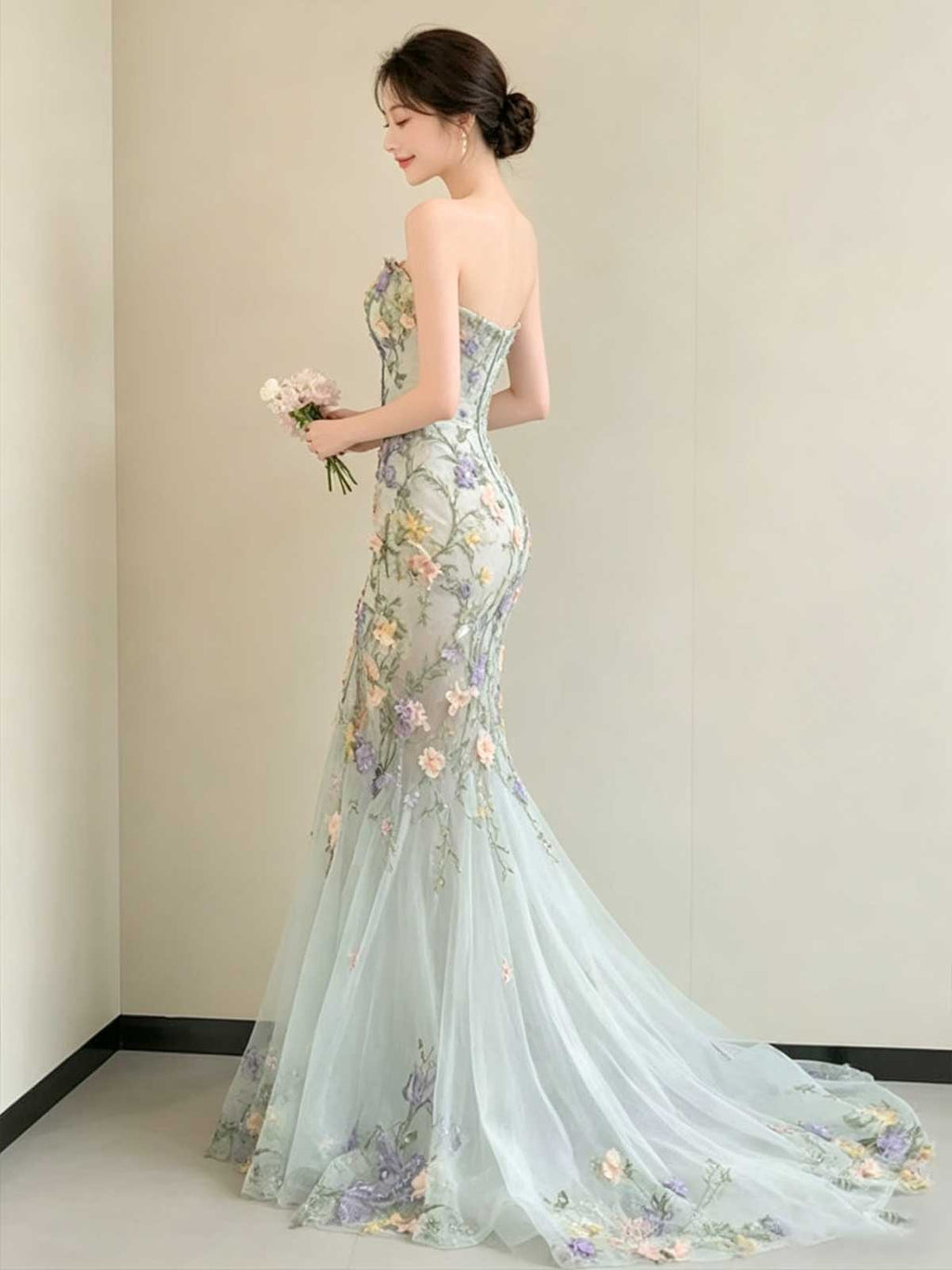 Mint Green Strapless Floral Embellished Mermaid Evening Gown