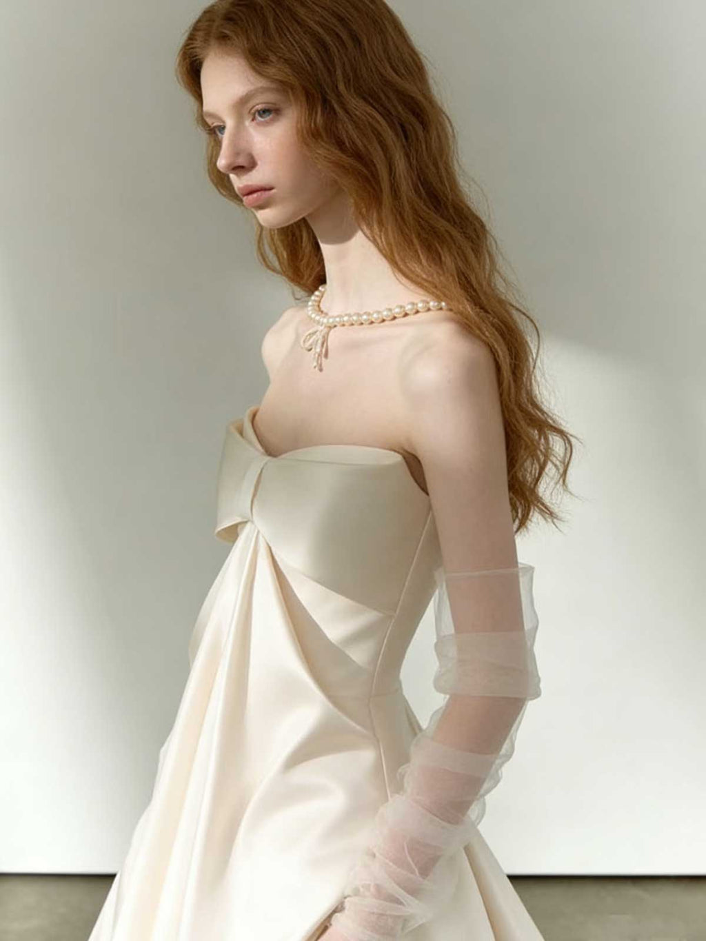 Ivory Bow Strapless Satin A-Line Wedding Dress with Tulle Sleeves