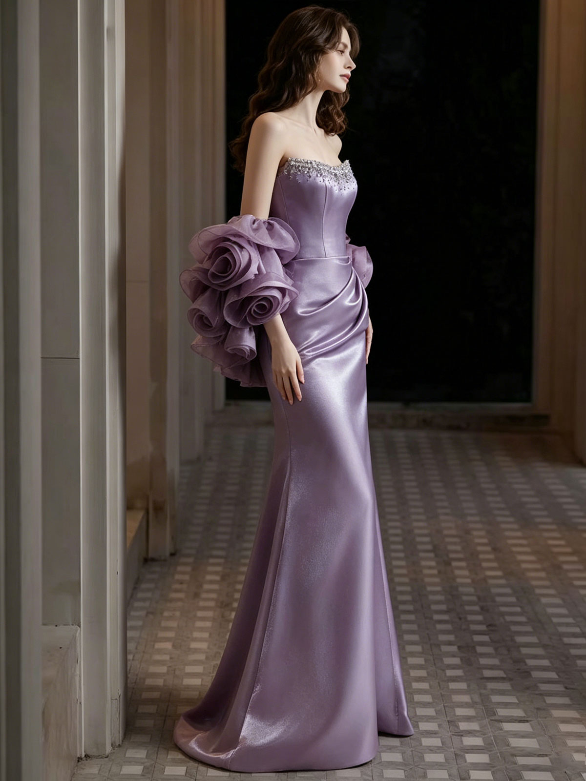 Lavender Strapless Rhinestone Trim Satin Mermaid Formal Gown with Detachable Rose Organza Wrap