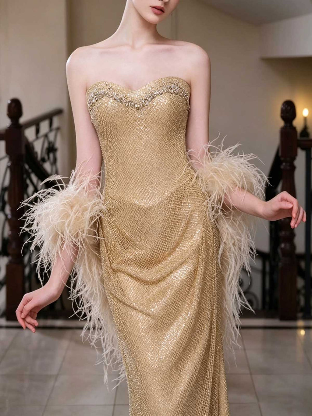 Gold Strapless Rhinestone Mesh Mermaid Evening Gown with Feather Cuffs