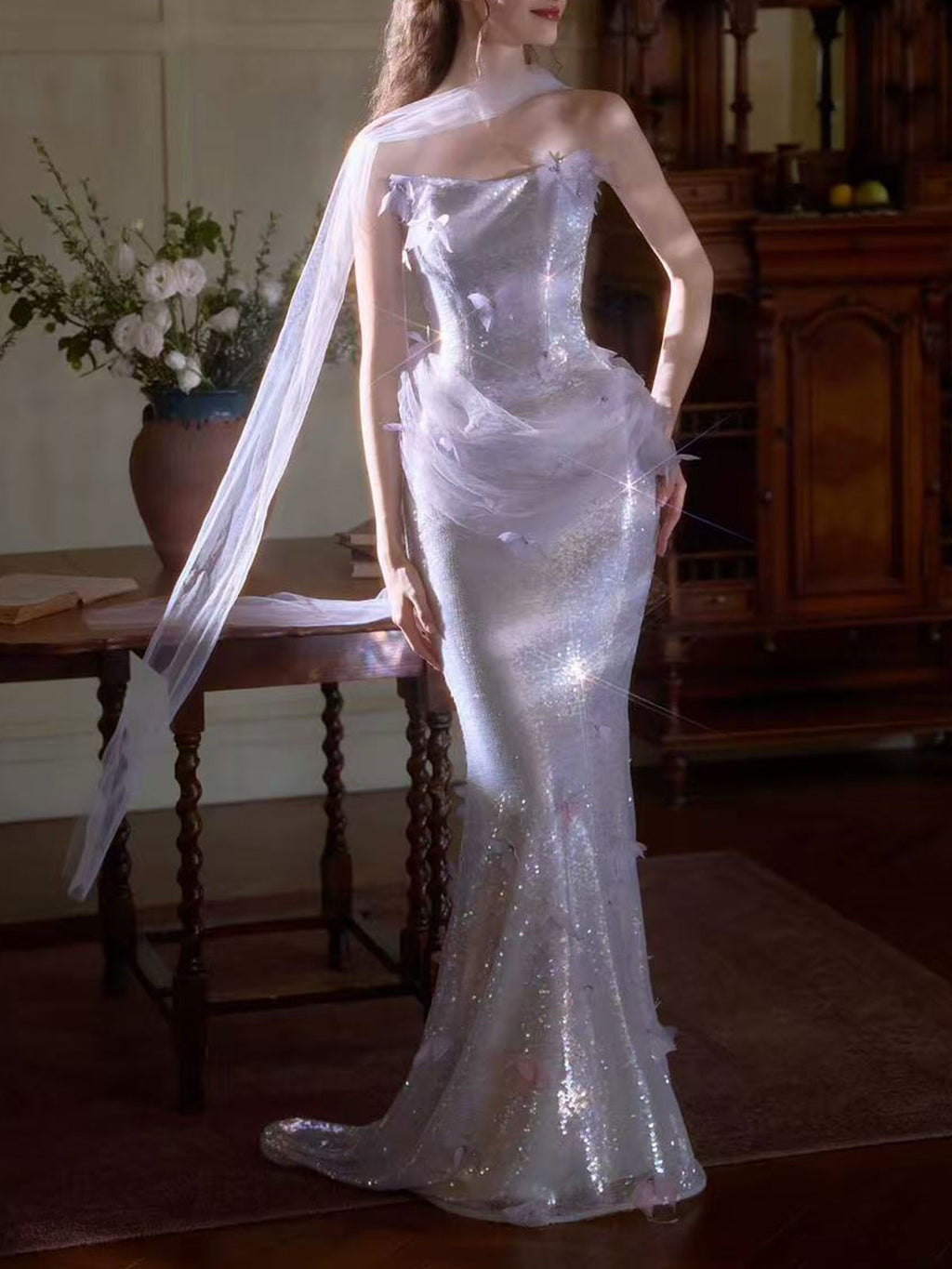 One Strap Lavender Butterfly Sequin Mermaid Train Evening Gown