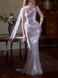 One Strap Lavender Butterfly Sequin Mermaid Train Evening Gown