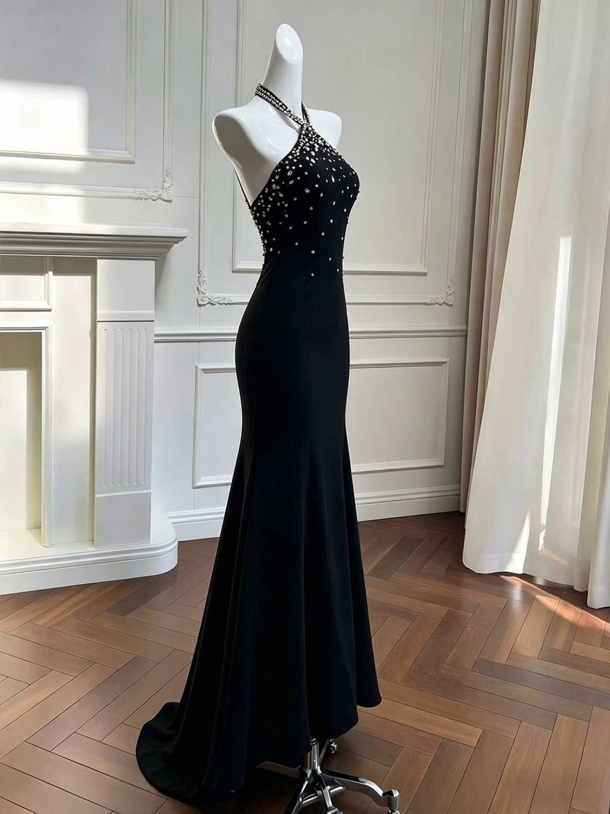 Black Halter Crystal-Embellished Mermaid Evening Gown