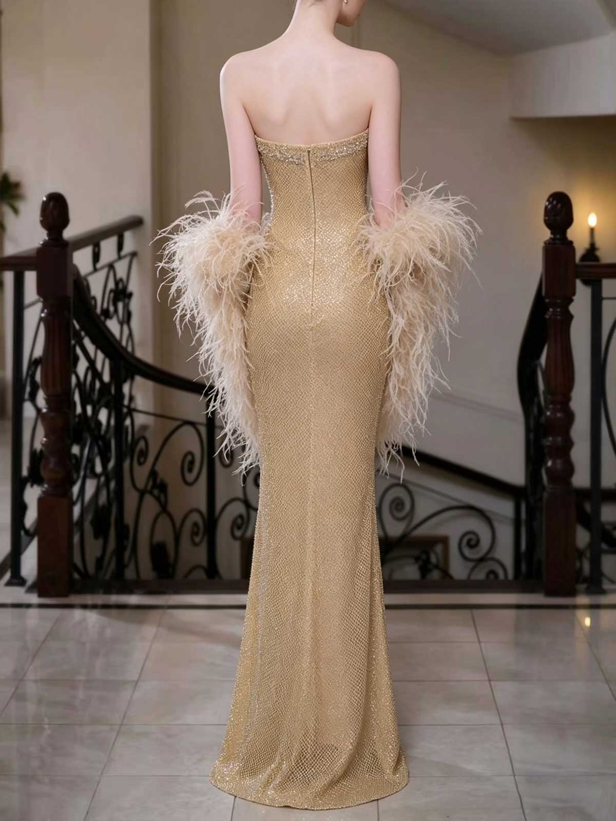 Gold Strapless Rhinestone Mesh Mermaid Evening Gown with Feather Cuffs